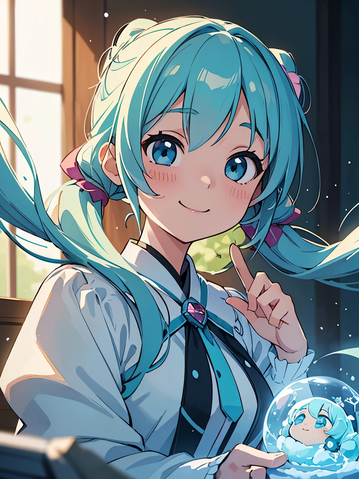 (masterpiece、highest quality、highest quality、Official Art、Beautiful and beautiful:1.2)、(One girl:1.3)Hatsune Miku、Twin tails,Big Breasts,Sakura Miyawaki, Smiling face close-up、compensate、Glossy lips、Snow Fairy、Snow Girl、Snow Costume、Cosplay、(Realistic、High resolution)、(One Girl)、Snow Girl、Close-up Eye、Korean Girls、(highest quality), (Tabletop), (One Girl), alone, Beautiful girl, Perfect Face, dream-like、Very detailed airbrush art((Surreal))、Volumetric lighting、(highest quality)、The Ultra-detailed、(Movement Structure:1.4)、Very intricate and colorful details、(Bright lighting)、Dynamic configuration、Ray Tracing、The mirror reflects light、Shallow depth of field、Ultra-detailed、Blend exposed、Hmph、Her eyes are shining、Her face is full of hope and courage.、A smile appears on the girl's lips。 rear end、Snow Mountain、Snow Mountain、Snow Mountain、