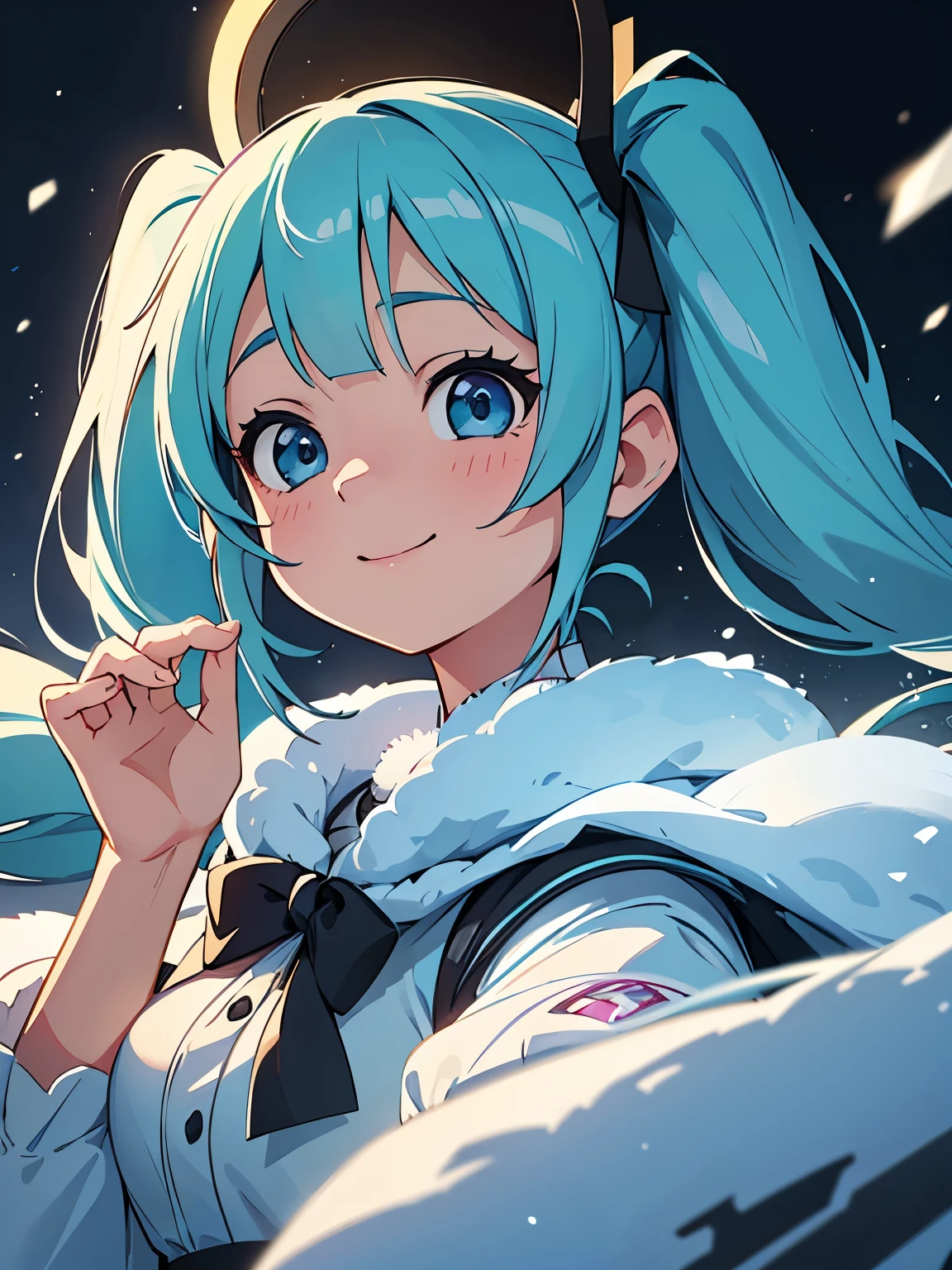 (masterpiece、highest quality、highest quality、Official Art、Beautiful and beautiful:1.2)、(One girl:1.3)Hatsune Miku、Twin tails,Big Breasts,Sakura Miyawaki, Smiling face close-up、compensate、Glossy lips、Snow Fairy、Snow Girl、Snow Costume、Cosplay、(Realistic、High resolution)、(One Girl)、Snow Girl、Close-up Eye、Korean Girls、(highest quality), (Tabletop), (One Girl), alone, Beautiful girl, Perfect Face, dream-like、Very detailed airbrush art((Surreal))、Volumetric lighting、(highest quality)、The Ultra-detailed、(Movement Structure:1.4)、Very intricate and colorful details、(Bright lighting)、Dynamic configuration、Ray Tracing、The mirror reflects light、Shallow depth of field、Ultra-detailed、Blend exposed、Hmph、Her eyes are shining、Her face is full of hope and courage.、A smile appears on the girl&#39;s lips。 rear end、Snow Mountain、Snow Mountain、Snow Mountain、