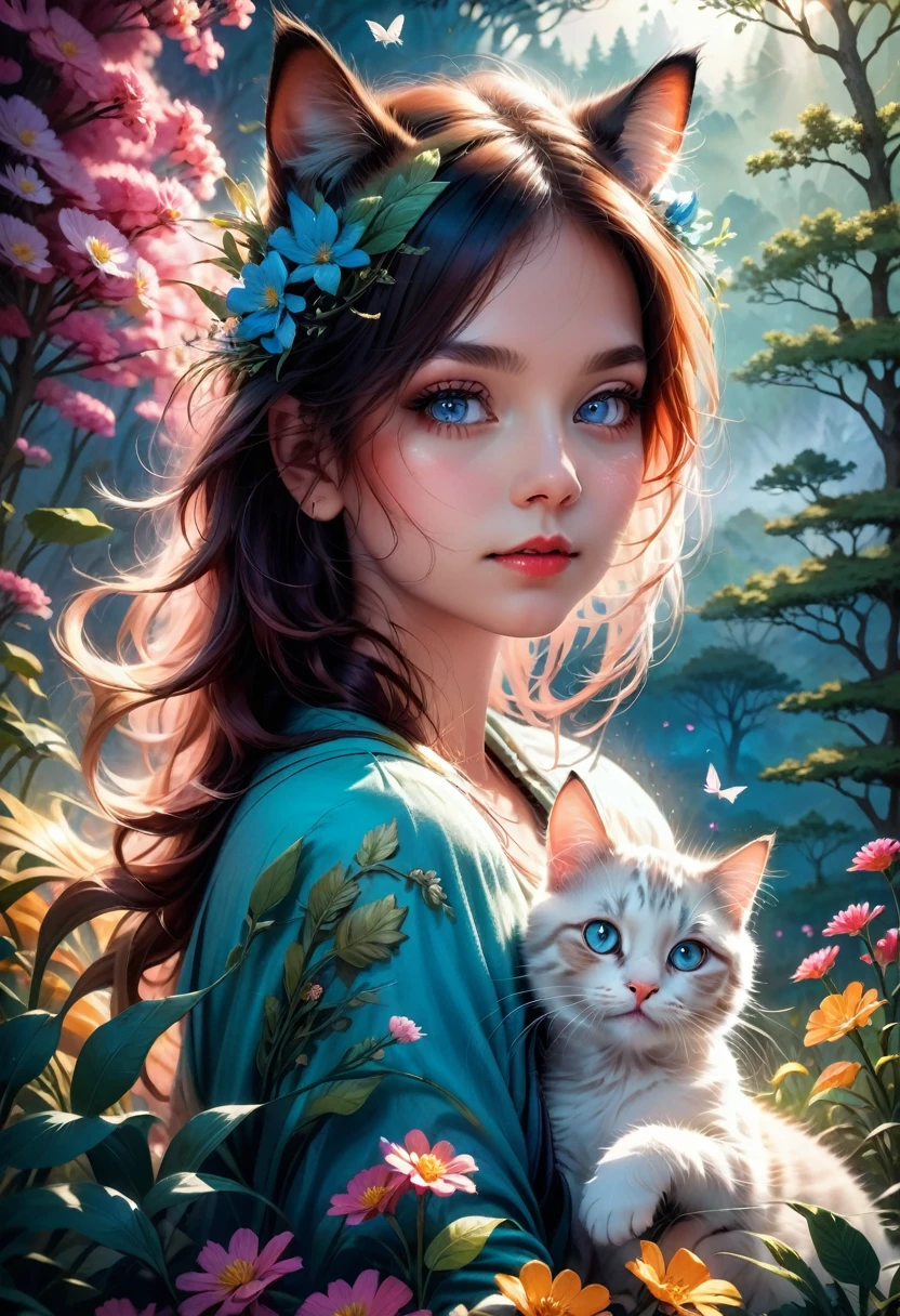 Girl with Cat, a beautiful girl with a cat, girl with a cute cat, girl petting a cat, girl in a flowery meadow with a cat, girl in a dreamy landscape with a cat, girl in a fantasy forest with a cat, photorealistic portrait of a girl and her cat, highly detailed digital painting of a girl and her feline companion, girl cuddling a cat in a serene natural setting, girl playing with a cat in a whimsical outdoor scene, (best quality,4k,8k,highres,masterpiece:1.2),ultra-detailed,(realistic,photorealistic,photo-realistic:1.37),vivid colors,intricate details,natural lighting,warm color palette,soft focus,beautiful detailed eyes,beautiful detailed lips,extremely detailed eyes and face,longeyelashes,1girl,cat,flower field,fantasy landscape,vibrant colors,depth of field,cinematic lighting