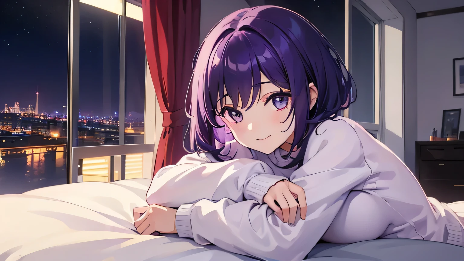 (T Masterpiece，4K wallpaper，Best Quality))、((girl１people))、(solo)、Bright and Brilliant，(Purple Hair)、(Shortcuts:1.3)、smile、Bedroom、sweater、night