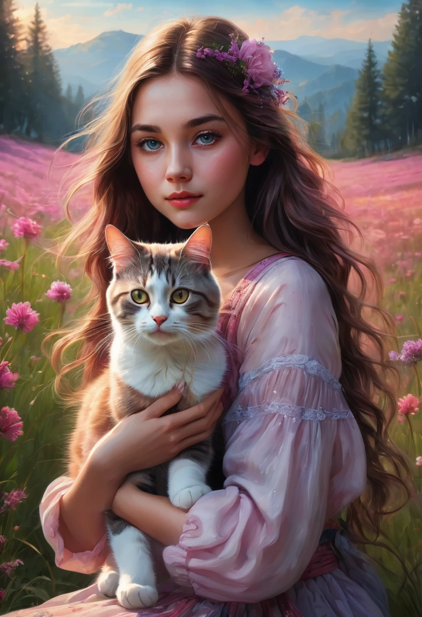 Girl with Cat, a beautiful girl with a cat, girl with a cute cat, girl petting a cat, girl in a flowery meadow with a cat, girl in a dreamy landscape with a cat, girl in a fantasy forest with a cat, photorealistic portrait of a girl and her cat, highly detailed digital painting of a girl and her feline companion, girl cuddling a cat in a serene natural setting, girl playing with a cat in a whimsical outdoor scene, (best quality,4k,8k,highres,masterpiece:1.2),ultra-detailed,(realistic,photorealistic,photo-realistic:1.37),vivid colors,intricate details,natural lighting,warm color palette,soft focus,beautiful detailed eyes,beautiful detailed lips,extremely detailed eyes and face,longeyelashes,1girl,cat,flower field,fantasy landscape,vibrant colors,depth of field,cinematic lighting