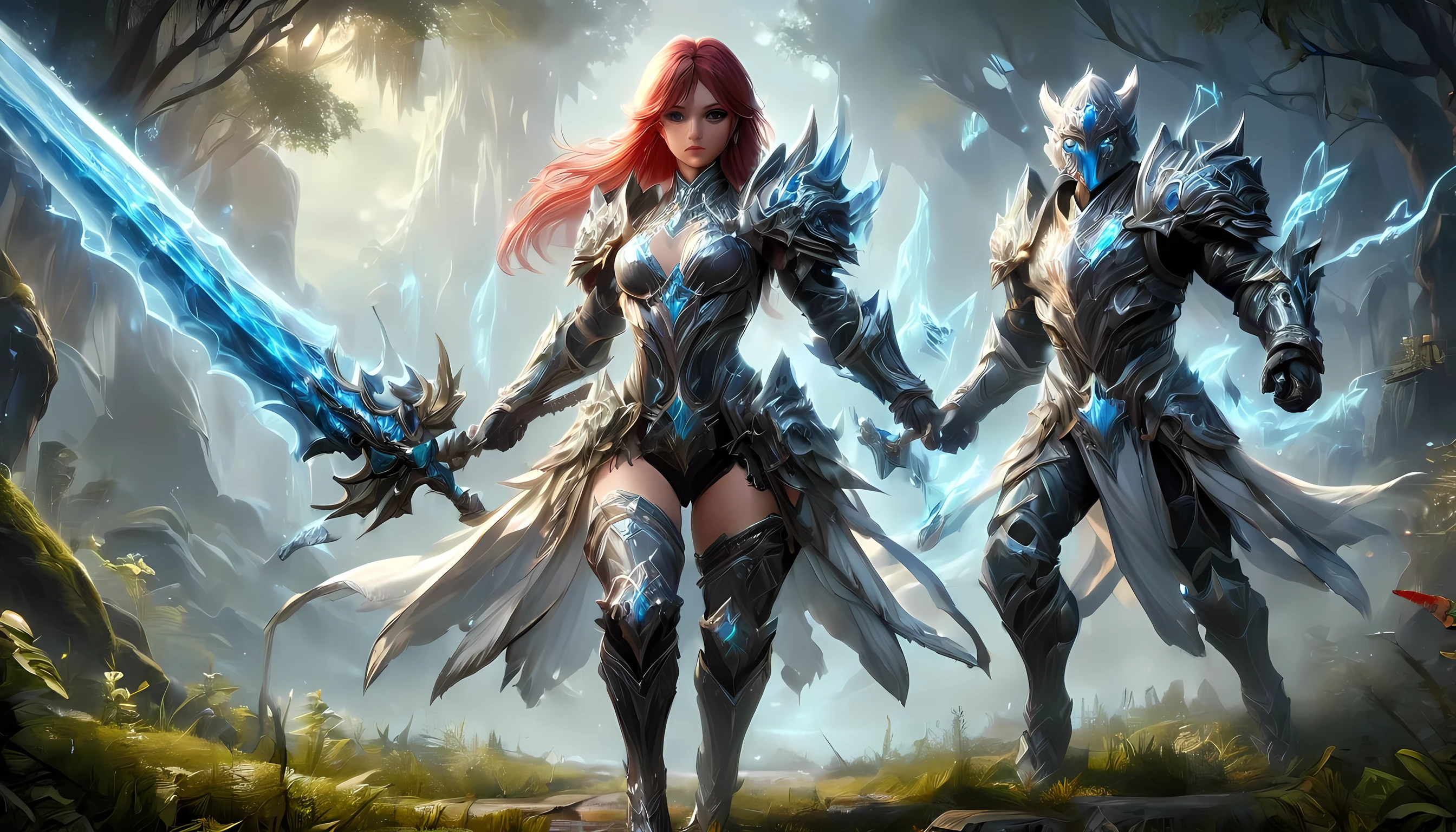 high details, best quality, 16k, [Ultra detailed], masterpiece,  best quality, (extremely detailed), dynamic angle, ultra wide shot, RAW, photorealistic, fantasy art, RPG art, realistic art, a wide angle picture of an epic female elf ranger and her pet (white tiger: 1.3),  warrior of nature, fighter of nature, full body, [[anatomically correct]] full body (intricate details, Masterpiece, best quality: 1.5) talking to an epic ((white tiger: 1.5)) (intricate details, Masterpiece, best quality: 1.6) armed with an epic magical sword  (intricate details, Masterpiece, best quality: 1.5) epic magical sword Wielding sword, glowing in blue light , in dark forest ( intricate details, Masterpiece, best quality: 1.4), a female beautiful epic drow wearing leather armor (intricate details, Masterpiece, best quality: 1.5), leather boots, thick hair, long hair, red hair, pale skin intense eyes, forest  background (intense details), moon light, stars light, clouds (intricate details, Masterpiece, best quality: 1.5), dynamic angle, (intricate details, Masterpiece, best quality: 1.3), high details, best quality, highres, ultra wide angle, ladyshadow, drkfntasy