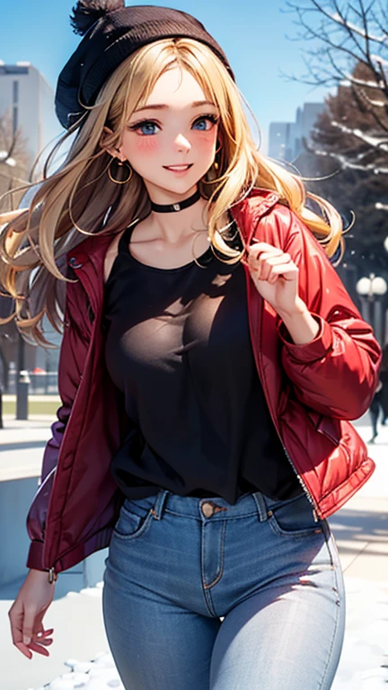 A girl is posing for a photo, cute女の子, Enchanting girl,
(Blonde, Forehead, Wavy Hair, Long Hair), (Red eyes),
(Grey down jacket, White Shirt, Denim skinny pants, Wear a black knit hat)、Black choker、Red Gem Earrings、
(((highest quality)), ((masterpiece)), (Very detailed), (High resolution), (Beautiful detailed sparkle), (High detail), (Anatomically correct)), ((Realistic)), ((The best CG)), Ultra-detailed art, CG illustration, 16k, 1080P, Oil paints:1.2,
(((One Woman))),
(Symmetrical facial features, Perfect Face), Beautiful clavicle, (Beautiful fingers), (Beautiful breasts, (Ccup)),
Beautiful body, Beautiful thighs, Beautiful feet, Perfect round butt, (((Detailed skin, Oily skin, Textured skin, Beautiful Skin))),
(((Baby Face, cute, 16 years old))), Double eyelids, Long eyelashes,
(Droopy eyes, Expression of fine eyes, Beautiful and delicate eyes, Sparkling eyes, Eye Reflexes),
(Beautiful Nose,Thin Nose),
(Glossy Lips, Beautiful Lips, thick lips),
(Beautiful Hair, Shiny Hair, Shiny Hair), Hair fluttering),
(smiley, laughing, blush),
BREAK
(noon、(Snowing park, Snow piles up)), ((Walking:1.4, Cowboy Shot))