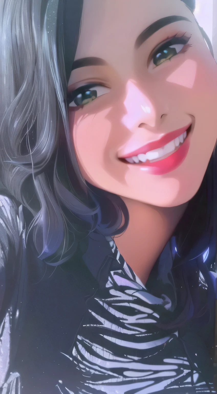 mulher sorridente com longos cabelos pretos e uma camisa listrada, imagem de perfil, sorriso malandro with red lips, se divertindo. vibrante, kind smile, Mulher de 3 0 anos, mulher de 30 anos, Sorriso Maligno, linda e sorridente, com um sorriso lindo, imagem de perfil, sorriso malandro, Sandra Chevier, sorriso bonito, parecendo muito bobo, lindo sorriso, imagem de perfilture
