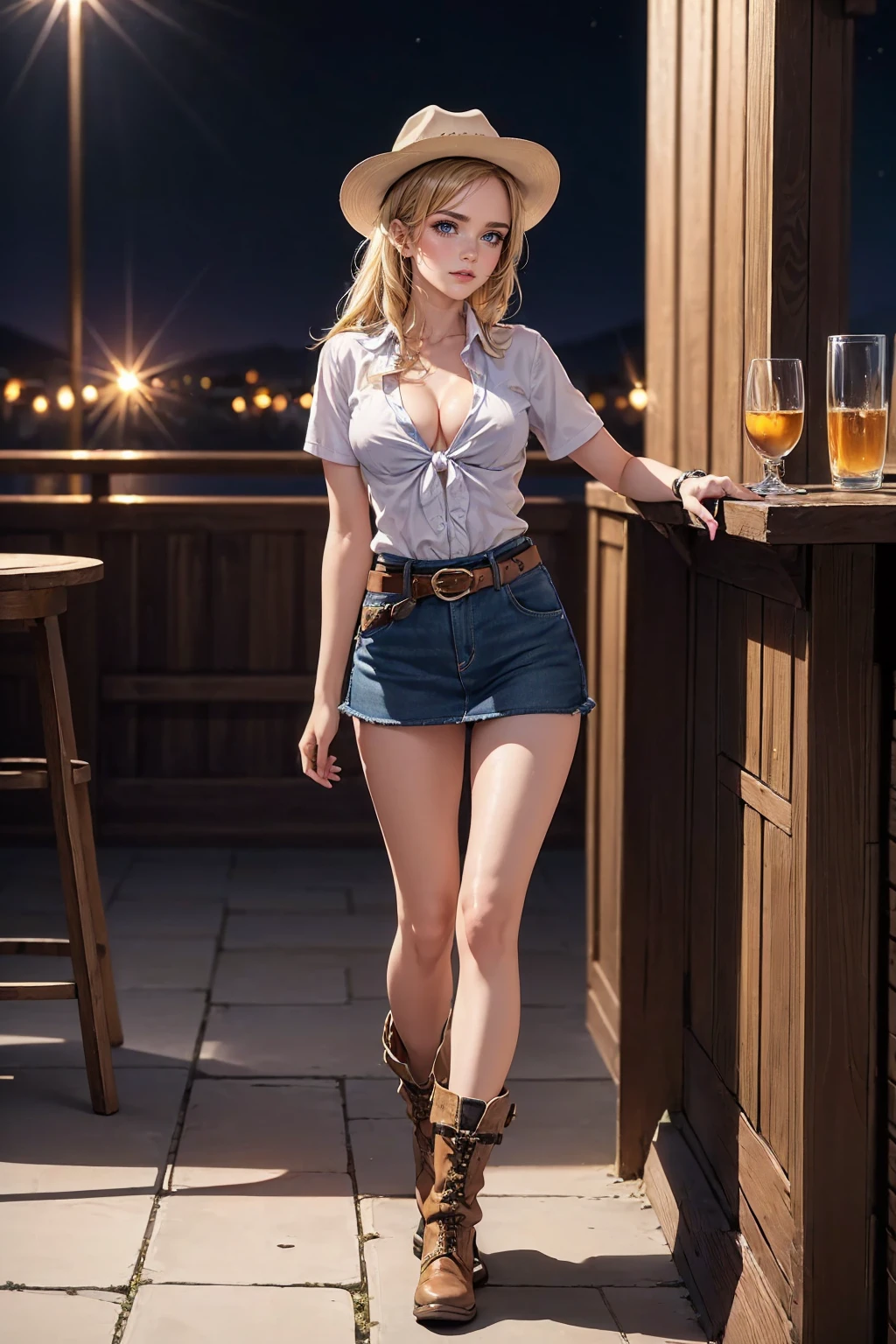 (((1 person:2.0))),(((Cowgirl Costume))),(((Denim mini skirt))),(((Wear a western hat))),(((wear a leather belt))),(((Wearing a rolled up short sleeve shirt, Plaid, Front tie shirt.))),((Wearing a watch))),(((Super short boots))),(((Showing cleavage))),(((Exposed thin inner thighs))),(((Small breasts:1.5))),(((Bare arms))),(((Her hair is blonde))),((Blushed face:1.6)), Beautiful detailed girl, Very detailed目と顔, 緻密でBeautiful Eyes, Very detailed, High resolution, highest quality, masterpiece, Very detailed, 8k wallpaper, wonderful, finely, highest quality, The light shines on your face,,(Night Bar),Beautiful Eyes,Being drunk,Full Body Shot,Are standing