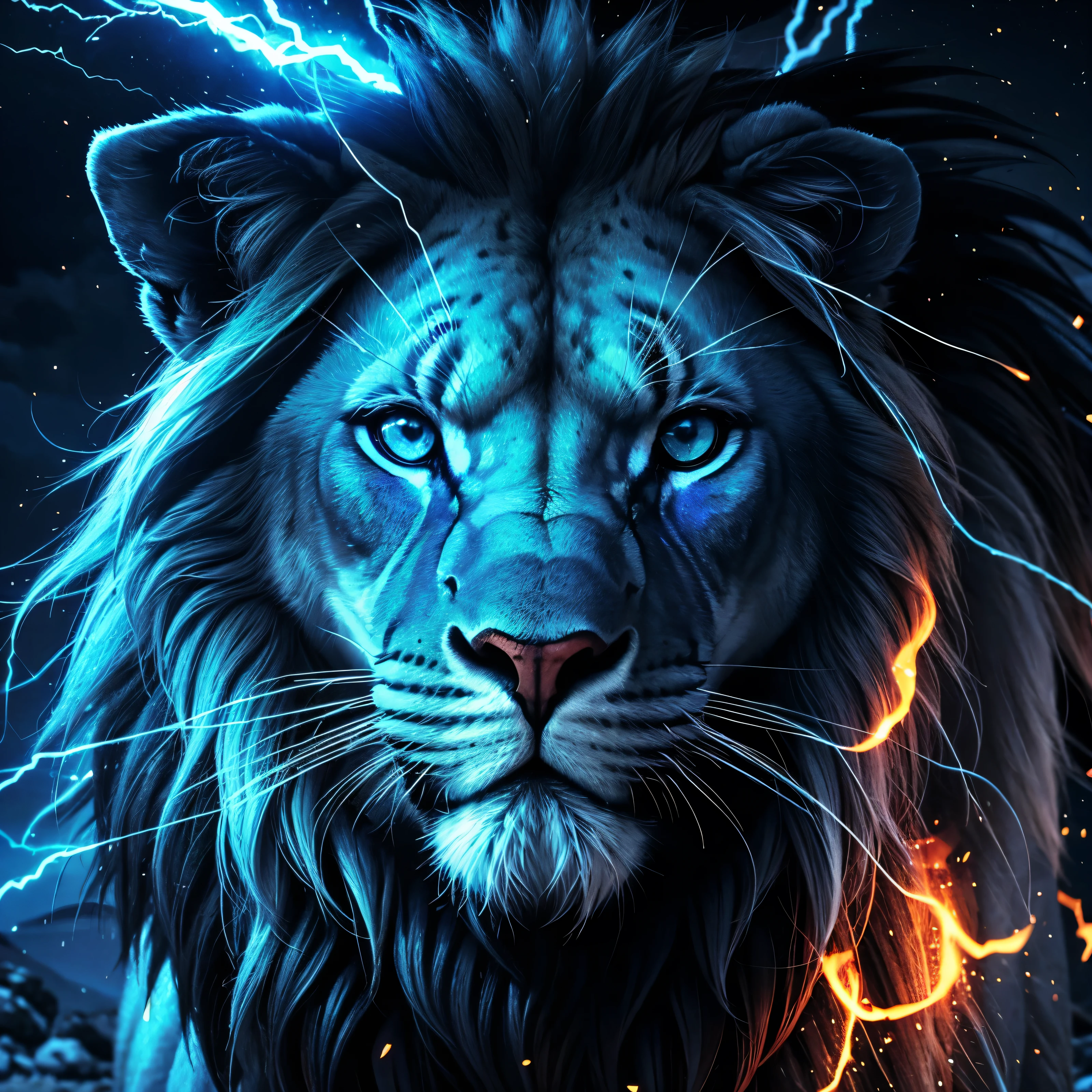 Lion, Divine Lion, naturais, Blue Thunder, Realistic Lion, King, Detailed Realistic, Detailed Realistic 16K, Eletricidade Detalhada 8K, texturas Realistas 8K, Cores Fotorrealista 8K, Blue Fire, Detailed Realistic Fire Bolt, Black and Blue Power, Power Thunder, Divine Realistic, Natureza, Linda, Rendering, Fotorrealista, UltraHigh definition, 4K, texturasdetalhadas, thunder, sombras detalhadas, cores detalhadas, Azul Neon, Blue Light, Raios, Blue power, Natureza Linda, Grande Divino, Blue Light, Blue Thunders, Coroa Rei, Thunder Bolt, Bolt eletric Power, Detailed Realistic Black and Blue Lights, Detailed Realistic Lion 16K, Detailed Realistic Fire Power, Detailed Realistic Divine Lion, Detailed Realistic Face 8K, Nitidez Ultra Realista 16K, Texturas Ultra Detalhadas 8K, Natural Detailed Realistic 8K, Night, Night Sky, contraste detalhado, Contraste realista, high resolution, cores detalhadas, fogo, eletricidade, divina criatura, 8k, Realista detalhado, 16K, 8k, High definition, contraste detalhado, Contraste realista, high resolution, cores detalhadas, fogo, eletricidade, divina criatura, 8k, Realista detalhado, elegante,