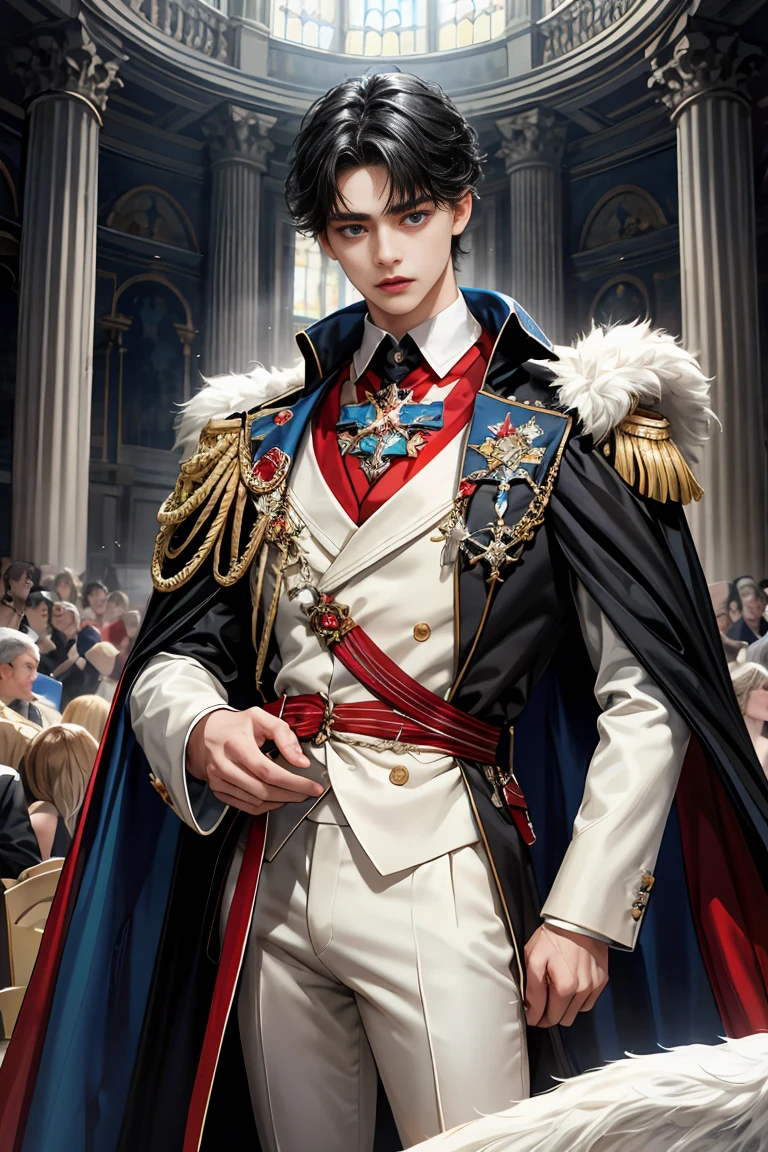 masterpiece, 最high quality, high quality, 1 boy, alone, Male focus, Watching the audience, Messy black hair, Adorable big blue eyes, White, Noble, Noble, Beautiful tailcoat、A very voluminous, large, very large, very large, long, long red and black cape with a high stand-up collar, made of a lot of fabric that reaches down to the floor., ,Cute beautiful boys,Cute, cute, kind, handsome guy