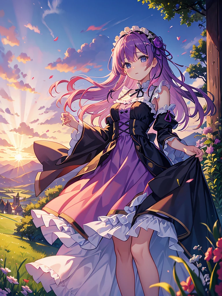 highest quality、Masterpiece、Grassland with a view of the castle、At dusk、(One girl)、One girl、Pink Hair、long hair、Half Up、Purple Dress