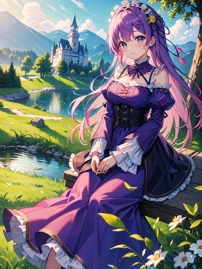 highest quality、Masterpiece、Grassland with a view of the castle、At dusk、(One e girl、Pink Hair、long hair、Half Up、Purple Dress