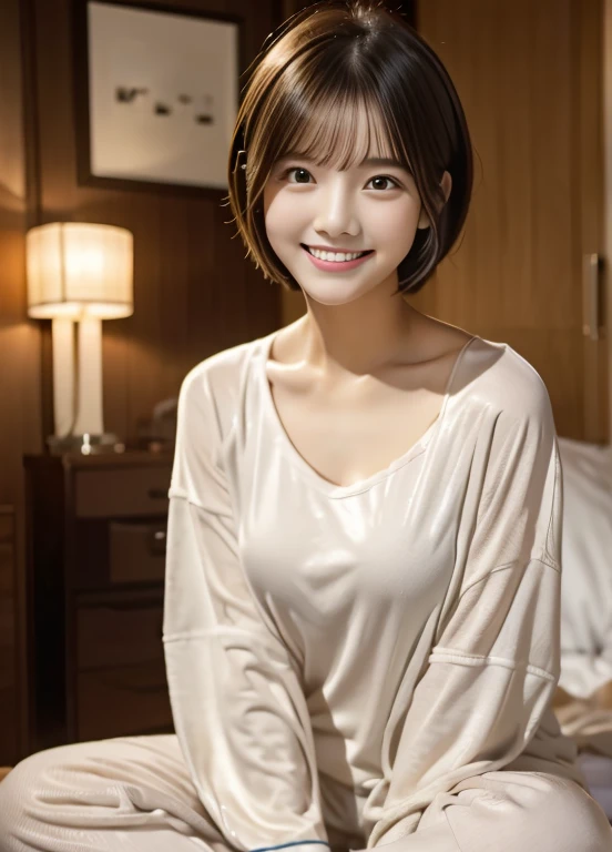 highest quality、cute、smile、20-year-old、woman、Short Hair、Bedroom、pajamas、night、night中、Looking up、On the bed、sit