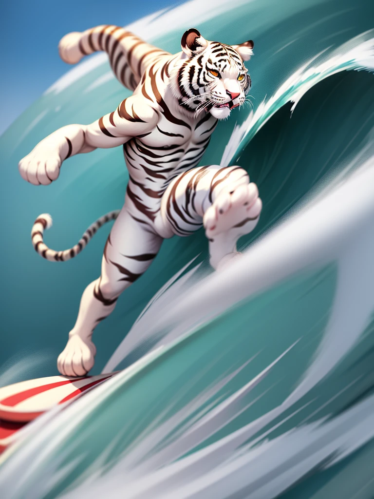 (Cute white tiger surfing:1.2), no one, Red Cliff, 2d, Cartoon Style, (Motion blur), (Best Works), (masterpiece), (best quality), (Ultra-high detail), (Delicate face), (delicate eyes)