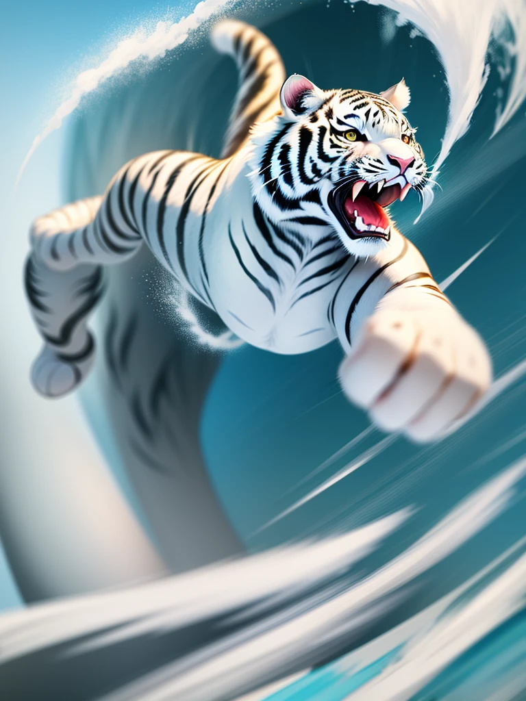 (Cute white tiger surfing:1.2), no one, Red Cliff, 2d, Cartoon Style, (Motion blur), (Best Works), (masterpiece), (best quality), (Ultra-high detail), (Delicate face), (delicate eyes)