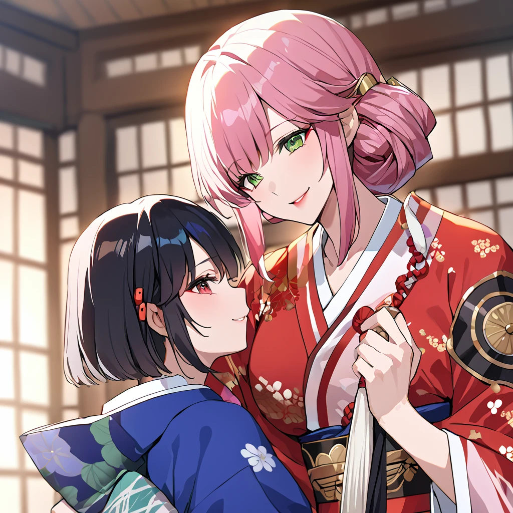 ((highest quality)), ((masterpiece)), (detailed), （Perfect Face）、（The woman is Rena, with short pink hair, a happy smile and is in a luxurious samurai mansion.、The woman is a consort to Oda Nobunaga, and is wearing a gorgeous embroidered uchikake kimono with bright, vivid colors and patterns, as befits a consort, and has gorgeous accessories from the Edo period, such as a gorgeous hairpin and a bunkin takashimada hairstyle.）、Mother and daughter are close. Mother is 32 years old and daughter is ************.