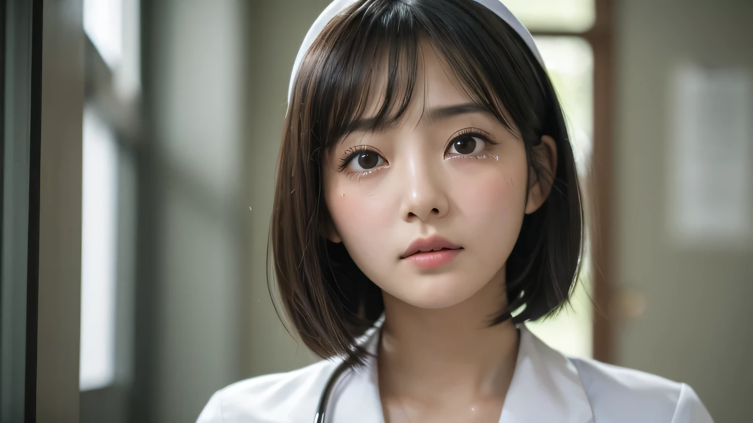 (1 Girl)、(Beautiful Japanese、18years old,round face、Refreshing、clear、seems kind、stylish、Pitiful、cute like an angel、cute、black eyes、,actress,Almond-shaped eyes,Translucent white skin、Beautiful skin), Good style , (((Beautiful big breasts:1.2))),(((soft breasts))),(very cute),(Black hair),(short bob hair),(enchanting eyes),(highlight on eyes:1.2)、(8K、Live shooting、highest quality、masterpiece:1.2、optimal lighting)、((masterpiece)),(Photo taken by a professional photographer),(real、photo real:1.4),break,{ (White nurse costume),(((taraditional nurse uniform)))},(tears:1.4))(cheeks are red:1.2), break, break,Old abandoned hospital,Face shot:1.3、looking at viewer, face close-up,Looking up、Cleavage:1.6、Peering in with a worried look on his face,(((Looking back))),