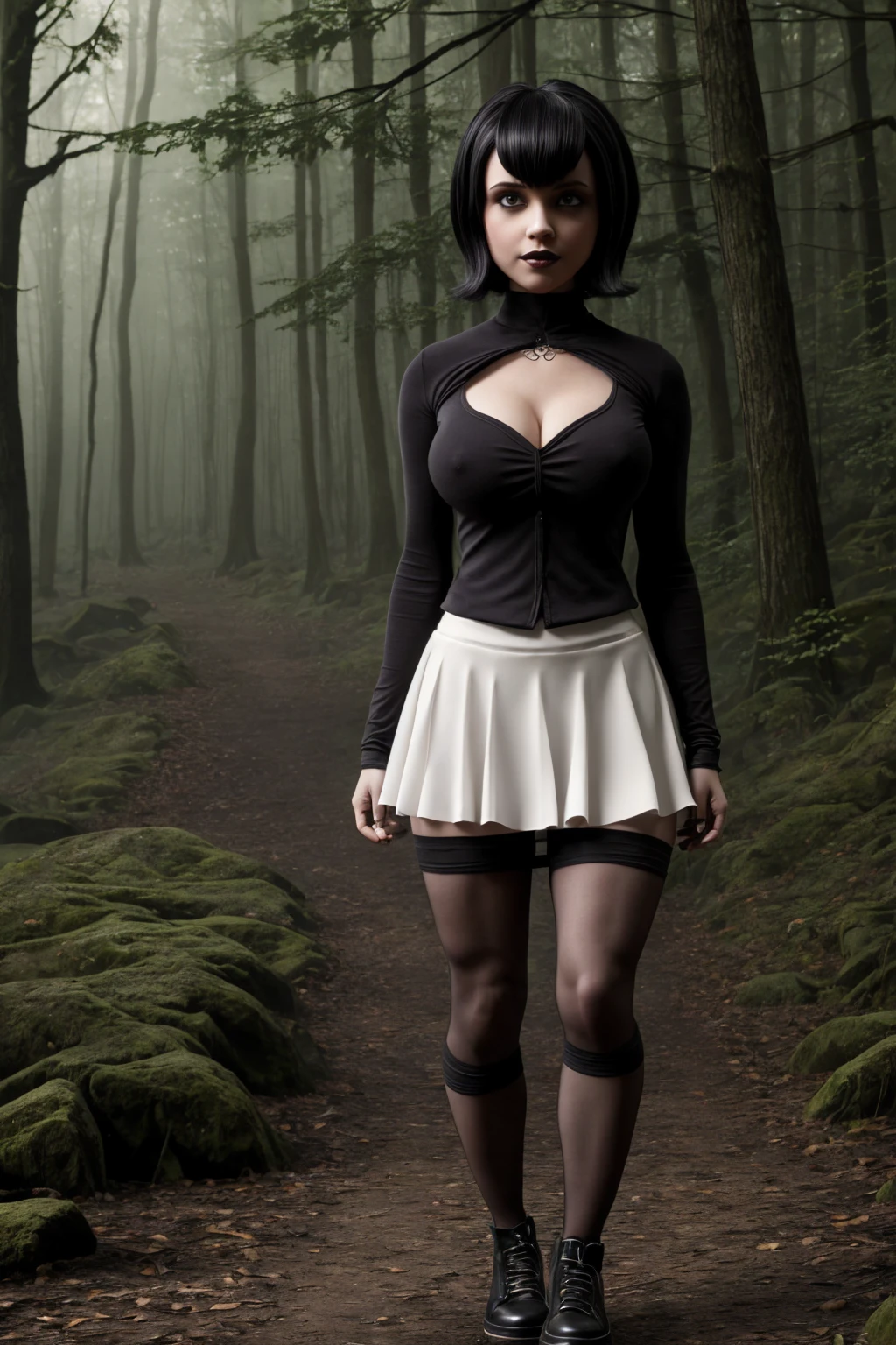 Mavis Dracula, goth girl, ((Artwork, best quality)), detailed skin, 16k, highly detailed, Cinematic lighting, ultra realistic, blushing, looking at viewer, black hair, short hair, pale-white skin, air free, cleavage, big breasts, wide hips, full body view, tall, skirt, miniskirt, microskirt, pleated skirt, thighs, head, standing in the forest, black lipstick, cute, lit, realistic shading, gothic aesthetic, atmosphere dream,