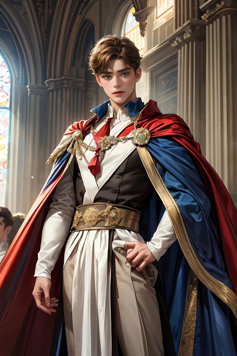 masterpiece, 最high quality, high quality, 1 boy, alone, Male focus, Watching the audience, Messy brown hair, Adorable big blue eyes, White, Noble, Noble, Sexy nude body with cape、A very voluminous, large, very large, very large, long, long red and black cape with a high stand-up collar, made of a lot of fabric that reaches down to the floor., 17 years old,Cute beautiful boys,Cute, cute, kind, handsome guy