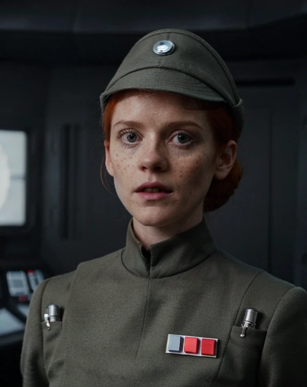 fashion photography of Rose Leslie in olive gray imperialofficer uniform and hat, red orange hair in small tight bun, smooth pale white skin little freckles, scared frightened afraid, sci-fi Death Star control room, sharp focus, dlsr, ultra sharp, professional Photographer, film grain, very detailed skin texture, photorealistic, no makeup