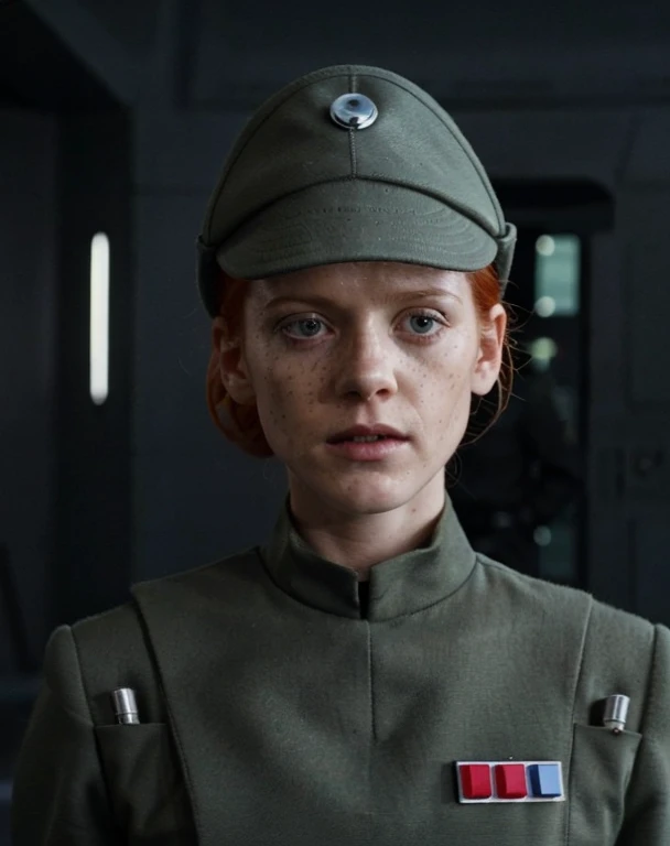 fashion photography of Rose Leslie in olive gray imperialofficer uniform and hat, red orange hair in small tight bun, smooth pale white skin little freckles, scared frightened afraid, sci-fi Death Star control room, sharp focus, dlsr, ultra sharp, professional Photographer, film grain, very detailed skin texture, photorealistic, no makeup