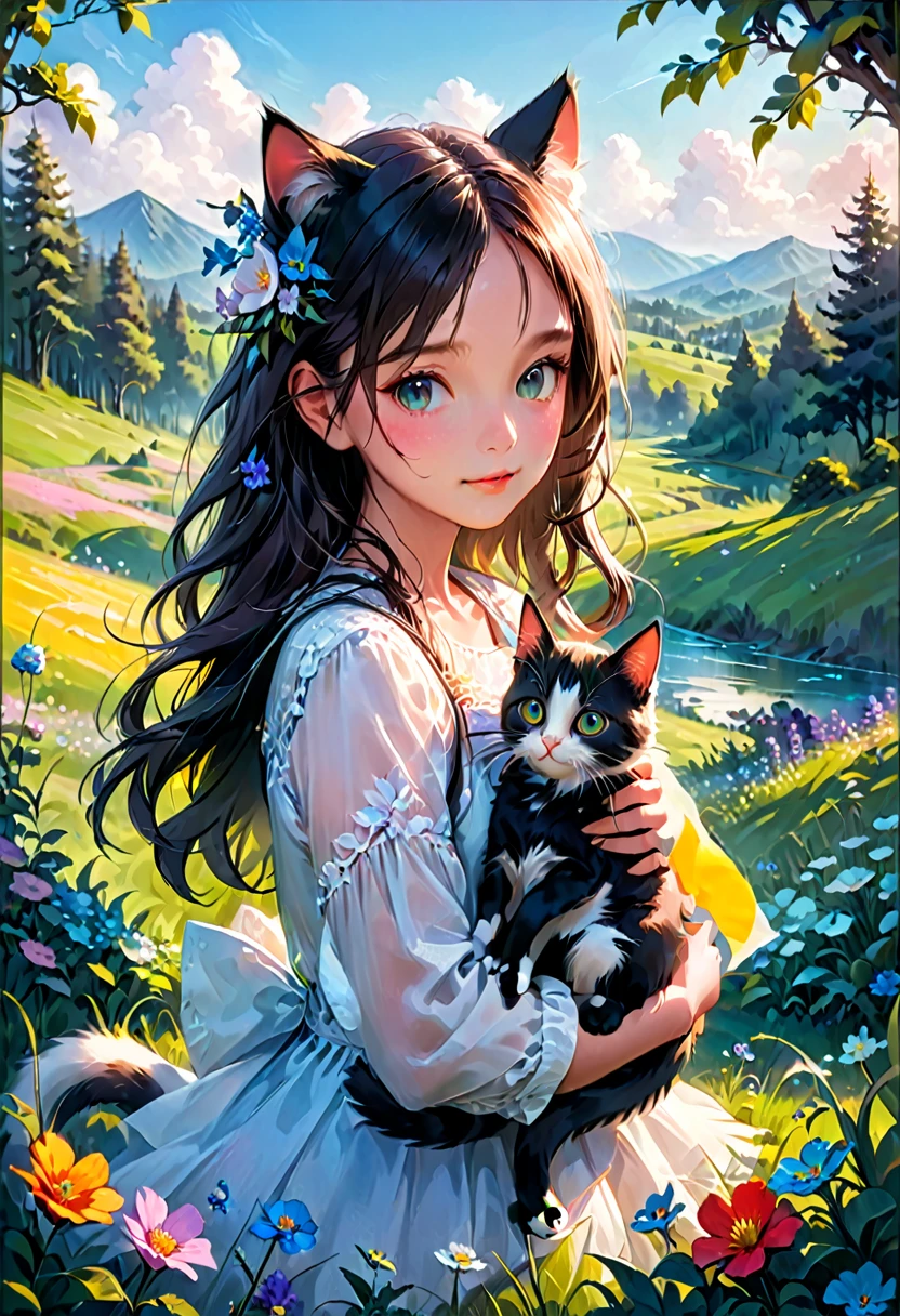 Girl with Cat, a beautiful girl with a cat, girl with a cute cat, girl petting a cat, girl in a flowery meadow with a cat, girl in a dreamy landscape with a cat, girl in a fantasy forest with a cat, photorealistic portrait of a girl and her cat, highly detailed digital painting of a girl and her feline companion, girl cuddling a cat in a serene natural setting, girl playing with a cat in a whimsical outdoor scene, (best quality,4k,8k,highres,masterpiece:1.2),ultra-detailed,(realistic,photorealistic,photo-realistic:1.37),vivid colors,intricate details,natural lighting,warm color palette,soft focus,beautiful detailed eyes,beautiful detailed lips,extremely detailed eyes and face,longeyelashes,1girl,cat,flower field,fantasy landscape,vibrant colors,depth of field,cinematic lighting