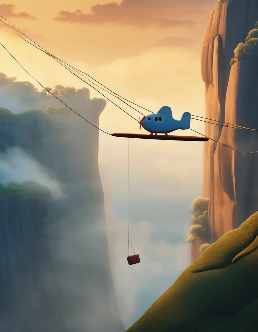 Set design,Very unified CG design,(Cute hamster hanging on a wooden airplane by a long rope),background:Between two mist-shrouded cliffs,
Pixar style,Felicia Simien and Studio Ghibli-style minimalist photography,Produced by Pixar,Minimalism,art,light,Negative Space,Dark arts,Surrealism,Ukiyo-e,