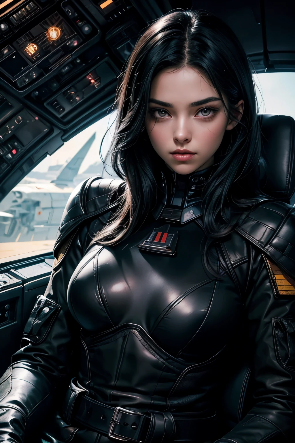 A beautiful woman. Black hair. Twenty years old. Detailed drawing of the face. Beautiful double eyes. The bridge of my nose. Well-shaped lips. She wears a black metallic battle uniform. She is sitting in the cockpit of a small space fighter. She is looking at the camera with a serious expression. A masterpiece.