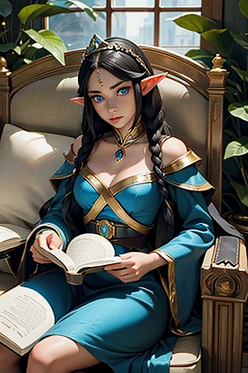 Artwork, best quality, 1 female elf, 1 woman, long black hair in braids, royal tiara on head, (Elf Queen), blue eyes, huge bust, looking at viewer, disapproving look, royal hall, Alone, Beautiful 25 year old elf wearing queen's attire, sitting in an armchair reading a book, expressive scene