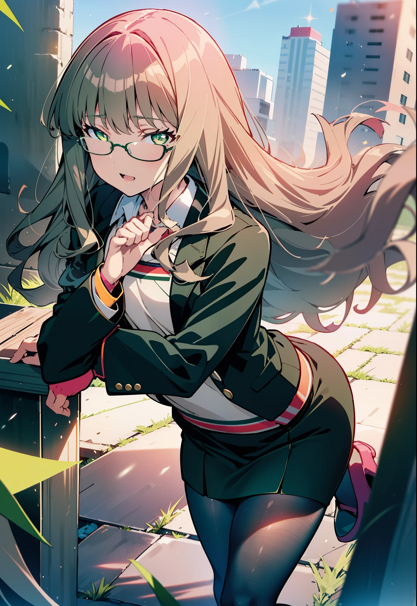 minami yume ,sss Dynazenon ,Long Hair, Brown Hair, (Green Eyes:1.5) ,Mid-chest,hair band,happy smile, smile, Open your mouth,OL, Black-rimmed glasses, end, Black suit jacket, Collared jacket, White dress shirt, Collared shirt, Neckline, button,  Black pencil skirt, Black Pantyhose,Stiletto heels,morning,morning陽,The sun is rising,As if your whole body is in the illustration,
break looking at viewer, (Cowboy Shot:1. 5)
break outdoors, city,construction area,
break (masterpiece:1.2), highest quality, High resolution, unity 8k wallpaper, (shape:0.8), (Fine and beautiful eyes:1.6), Highly detailed face, Perfect lighting, Highly detailed CG, (Perfect hands, Perfect Anatomy),