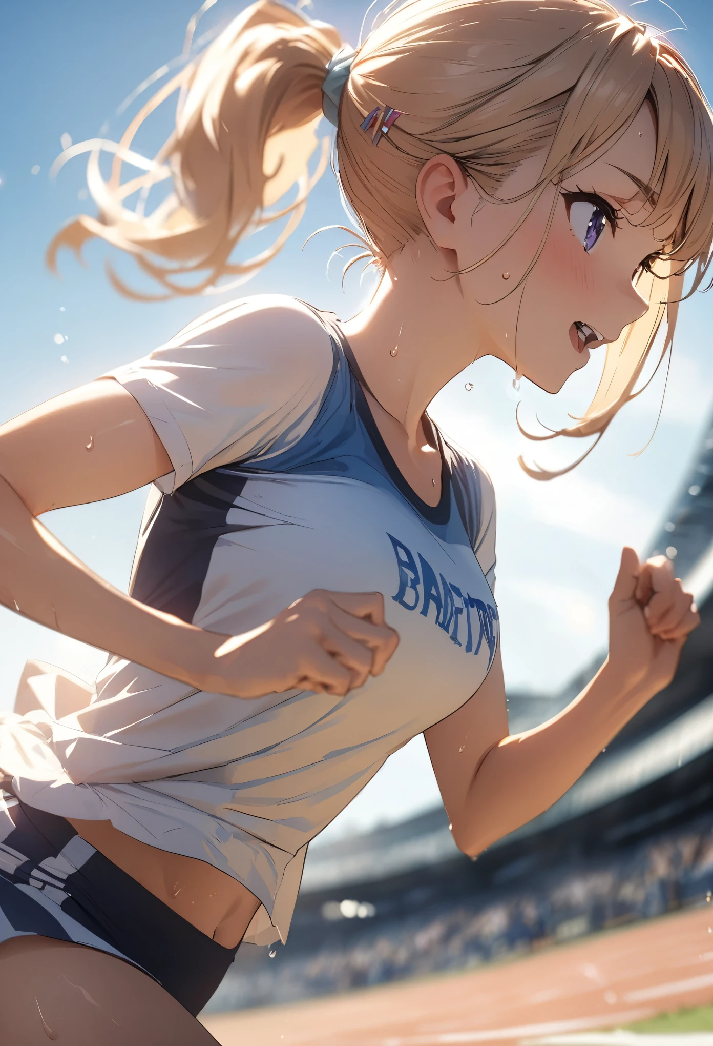 anime,depth of field, cinematic lighting, lens flare, f/1.2,(masterpiece:1.2),(high definition),Running Girl、Speed、A refreshing piece、Shortcuts、ponytail、hairpin、Sweat flying、Summer sunshine、Athletics