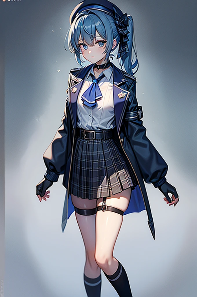 suisei hoshimachi, blue eyes, Blue Hair, choker, Hair between the eyes, Medium Hair, Side Ponytail, star choker,
Ascot, Asymmetrical legwear, belt, beret, black gloves, blue Ascot, blue belt, blue bow, blue choker, bow, button, choker, collared shirt, Crown, gloves, Grey hat, grey Jacket, grey skirt, Have, Jacket, jewelry, Knee-high, Long sleeve, miniskirt, Mismatched legwear, partially fingerless gloves, meanwhile, Plaid, Plaid Jacket, Plaid skirt, shirt, シングルKnee-high, 片足socks, skirt, skirt set, socks, star choker, Star handle, Thigh straps, Mismatched legwear, white shirt, I can&#39;t stop farting, hold fart, blush, cry