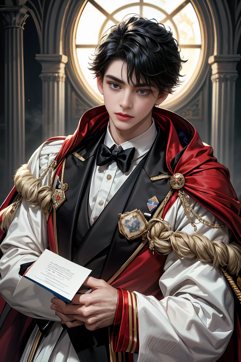 masterpiece, 最high quality, high quality, 1 boy, alone, Male focus, Watching the audience, Messy black hair, Adorable big blue eyes, White, Noble, Noble, Tuxedo、A very voluminous, large, very large, very large, long, long red and black cape made with a lot of fabric that reaches down to the floor, with a three-dimensional stand-up collar that is higher than the face., 17 years old,Cute beautiful boys,Cute, cute, kind, handsome guy