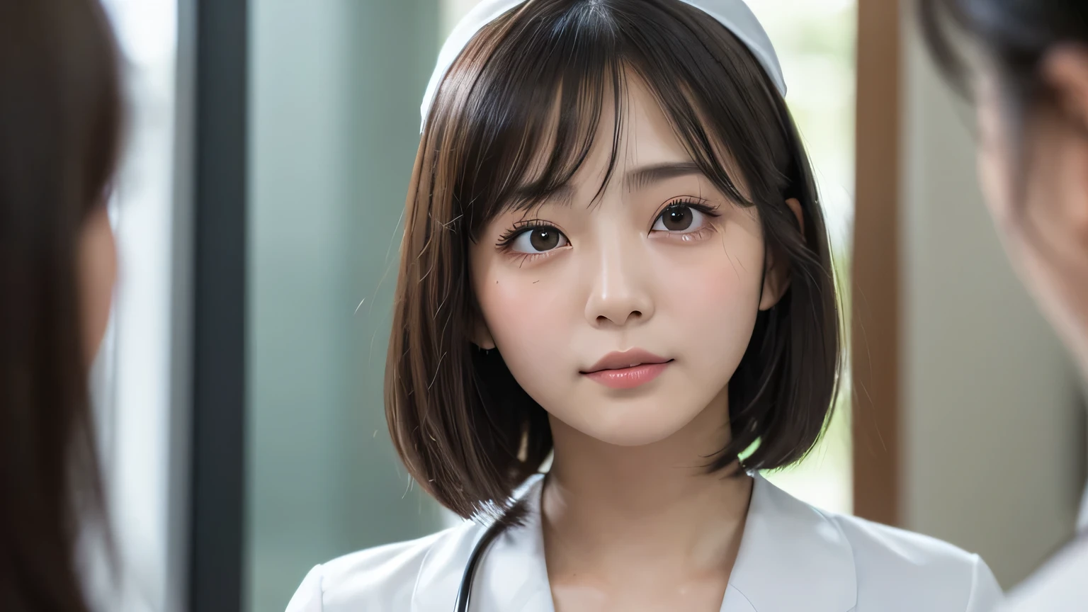 (1 Girl)、(Beautiful Japanese、18years old,round face、Refreshing、clear、seems kind、stylish、Pitiful、cute like an angel、cute、black eyes、,actress,Almond-shaped eyes,Translucent white skin、Beautiful skin), Good style , (((Beautiful big breasts:1.2))),(((soft breasts))),(very cute),(Black hair),(short bob hair),(enchanting eyes),(highlight on eyes:1.2)、(8K、Live shooting、highest quality、masterpiece:1.2、optimal lighting)、((masterpiece)),(Photo taken by a professional photographer),(real、photo real:1.4),break,{ (White nurse costume),(((taraditional nurse uniform)))},(A shy smile),(tears:1.4))(cheeks are red:1.2), break, break,,School,Face shot:1.3、looking at viewer, face close-up,Looking up、Cleavage:1.5、Peering in with a worried look on his face。(((Looking back))),Weak face,From below