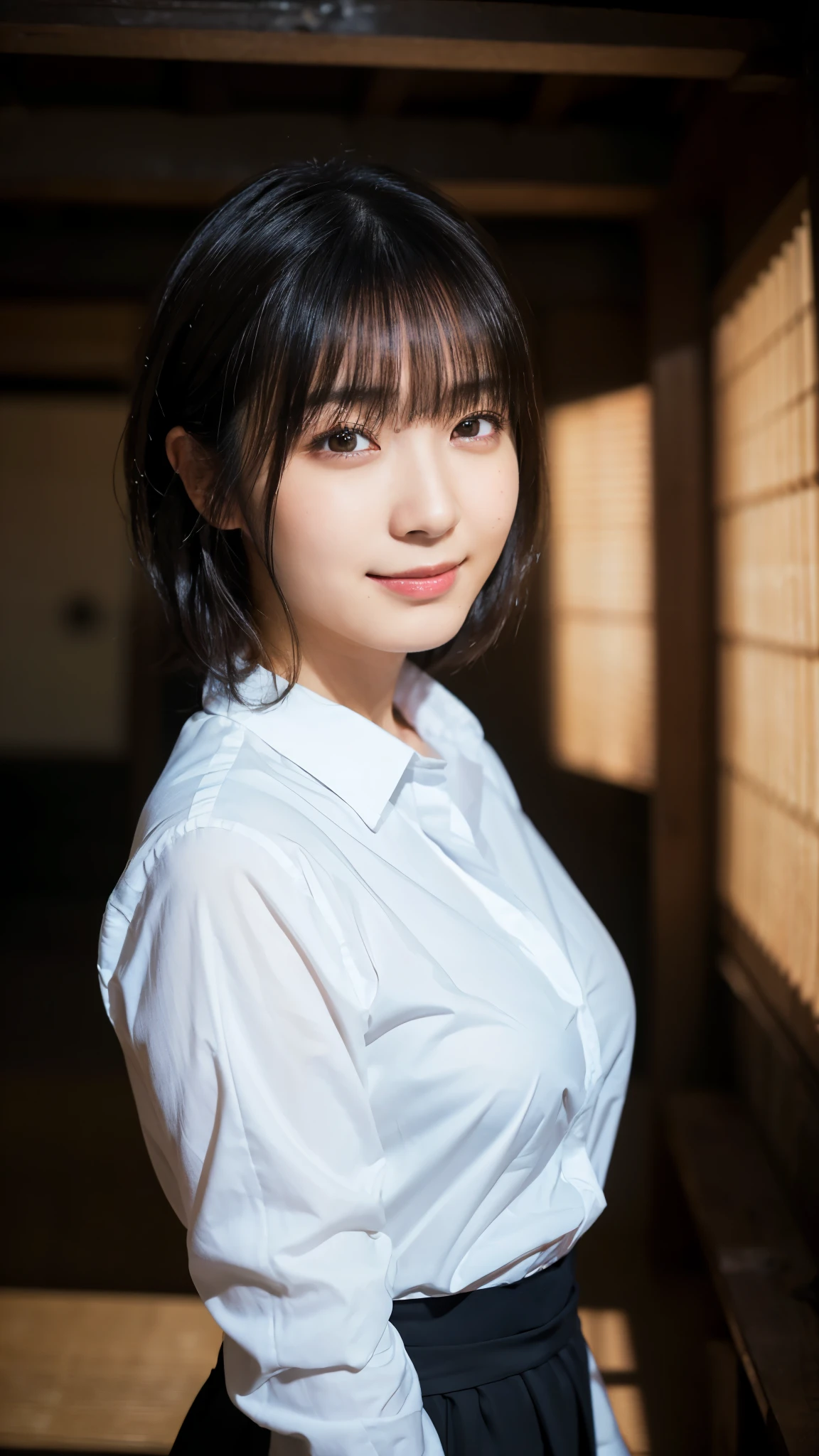(highest quality,masterpiece:1.3,Ultra-high resolution),(Super detailed,Caustics,8k), (Photorealistic:1.4, RAW shooting),darkness,Dark studio,Japanese,20-year-old,smile,Natural Makeup,Black Hair Middle Hair,White shirt,Spotlight,Waist up shot,Low position,Low - Angle