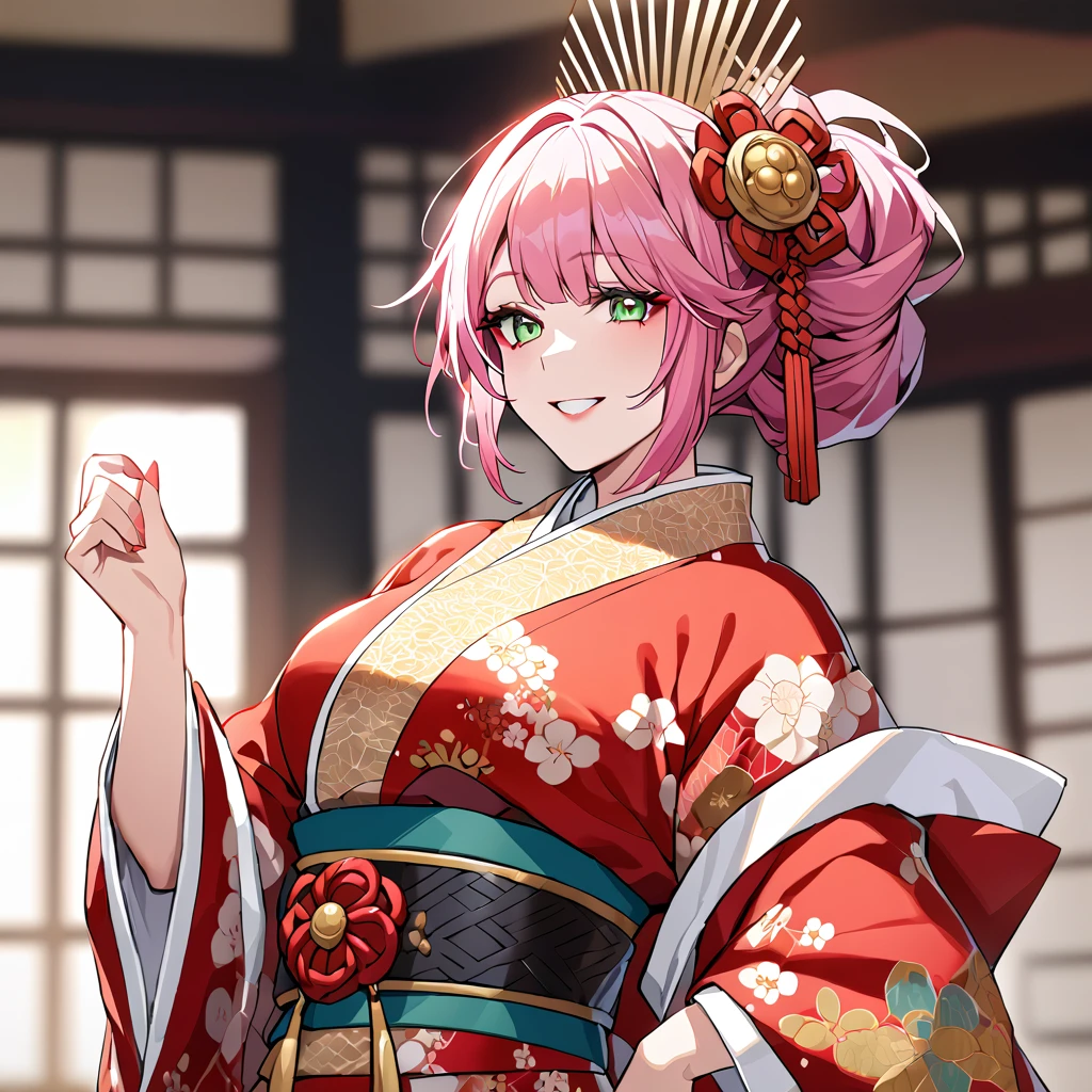 ((highest quality)), ((masterpiece)), (detailed), （Perfect Face）、（The woman is Rena, with short pink hair, a happy smile and is in a luxurious samurai mansion.、The woman is a consort to Oda Nobunaga, and is wearing a gorgeous embroidered uchikake kimono with bright, vivid colors and patterns, as befits a consort, and has gorgeous accessories from the Edo period, such as a gorgeous hairpin and a bunkin takashimada hairstyle.）