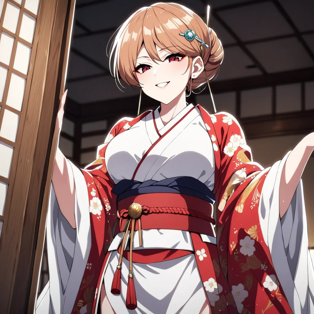 ((highest quality)), ((masterpiece)), (detailed), (Perfect Face)、(The woman is Princess Leona, with long light brown hair, a slender figure but average breasts, a happy smile, and is in a luxurious samurai mansion.、The woman is a consort to Oda Nobunaga, and is wearing a gorgeous embroidered uchikake kimono with bright, vivid colors and patterns, as befits a consort, and has gorgeous accessories from the Edo period, such as a gorgeous hairpin and a bunkin takashimada hairstyle.)