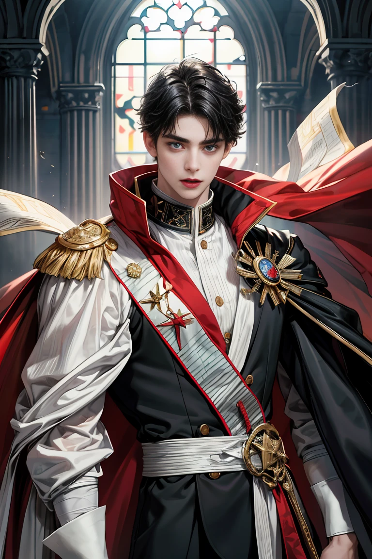 masterpiece, 最high quality, high quality, 1 boy, alone, Male focus, Watching the audience, Messy black hair, Adorable big blue eyes, White, Noble, Noble, Sexy Vampire Bomber Cape、A very voluminous, large, very large, very large, long, long red and black cape with a high stand-up collar, made of a lot of fabric that reaches down to the floor., 16 years old,Cute beautiful boys,Cute, cute, kind, handsome guy