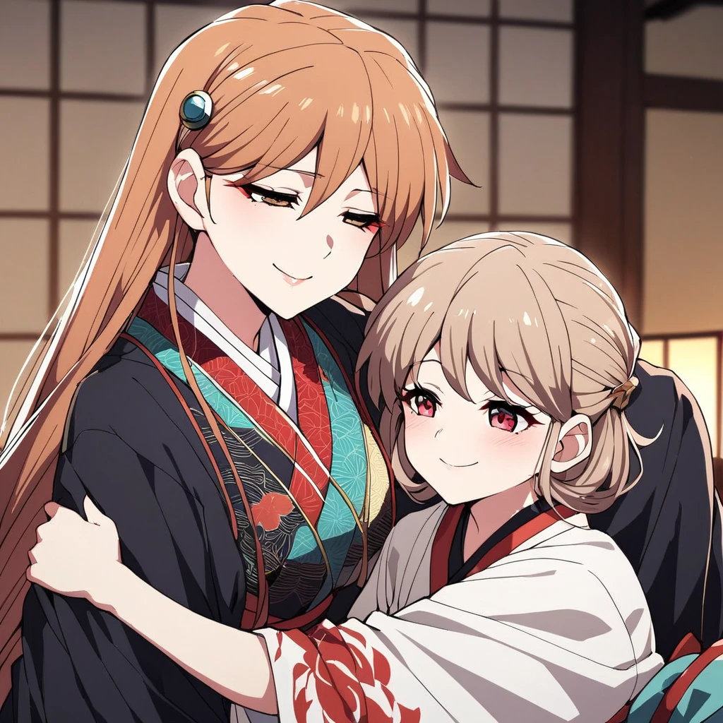 ((highest quality)), ((masterpiece)), (detailed), （Perfect Face）、（The woman is Princess Leona, with long light brown hair, a slender figure but average breasts, a happy smile, and is in a luxurious samurai mansion.、The woman is a consort to Oda Nobunaga, and is wearing a gorgeous embroidered uchikake kimono with bright, vivid colors and patterns, as befits a consort, and has gorgeous accessories from the Edo period, such as a gorgeous hairpin and a bunkin takashimada hairstyle.）、Mother and daughter cuddling. Daughter is 12 years old.