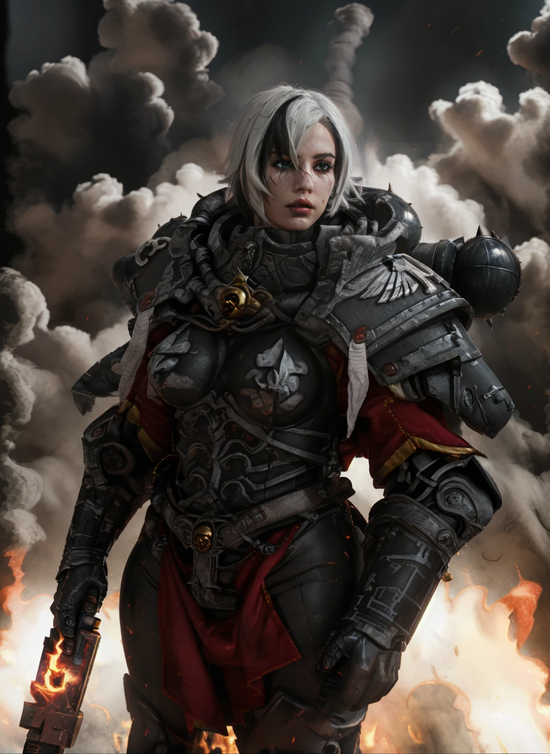 High-quality photography by Whsororitas, standing with a sword in his hands Whsororitas, 1 girl, ruins of a burning city in the background, dust and smoke, atmospheric lighting, Scrolls of white paper with text, Red wax seals, rich colors, The Face of Charlize Therion, star trek cinematic,Warhammer 40k, Красивый face, detailed face, Image with a sword. high detail, very clear and complex graphics... octane number, 3D character rendering 8K , the entire body of the character is highly detailed, Beautiful, very detailed, Dynamic, Cinematic, deafening, Realistic lighting and shading, harlequin, hair between eyes, black hair, White hair, short hair, coat, fur trim, fur-trimmed coat, (X-shaped eyes, Eyes in the shape of symbols, Slanted eyes),