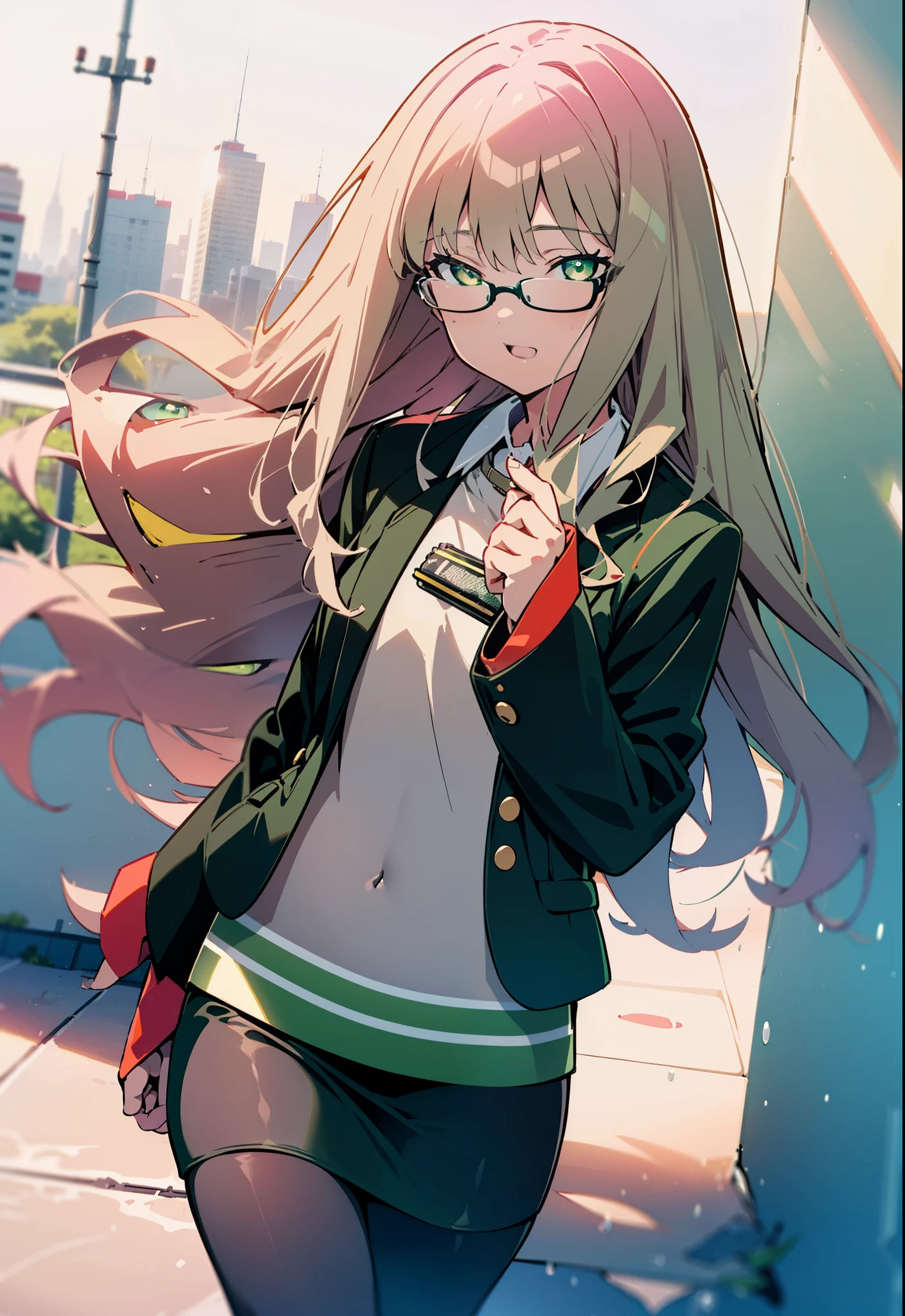 minami yume ,sss Dynazenon ,Long Hair, Brown Hair, (Green Eyes:1.5) ,Mid-chest,hair band,happy smile, smile, Open your mouth,OL, Black-rimmed glasses, end, Black suit jacket, Collared jacket, White dress shirt, Collared shirt, Neckline, button, Black pencil skirt, Black Pantyhose,Stiletto heels,morning,morning陽,The sun is rising,As if your whole body is in the illustration,
break looking at viewer, (Cowboy Shot:1. 5)
break outdoors, city,construction area,
break (masterpiece:1.2), highest quality, High resolution, unity 8k wallpaper, (shape:0.8), (Fine and beautiful eyes:1.6), Highly detailed face, Perfect lighting, Highly detailed CG, (Perfect hands, Perfect Anatomy),