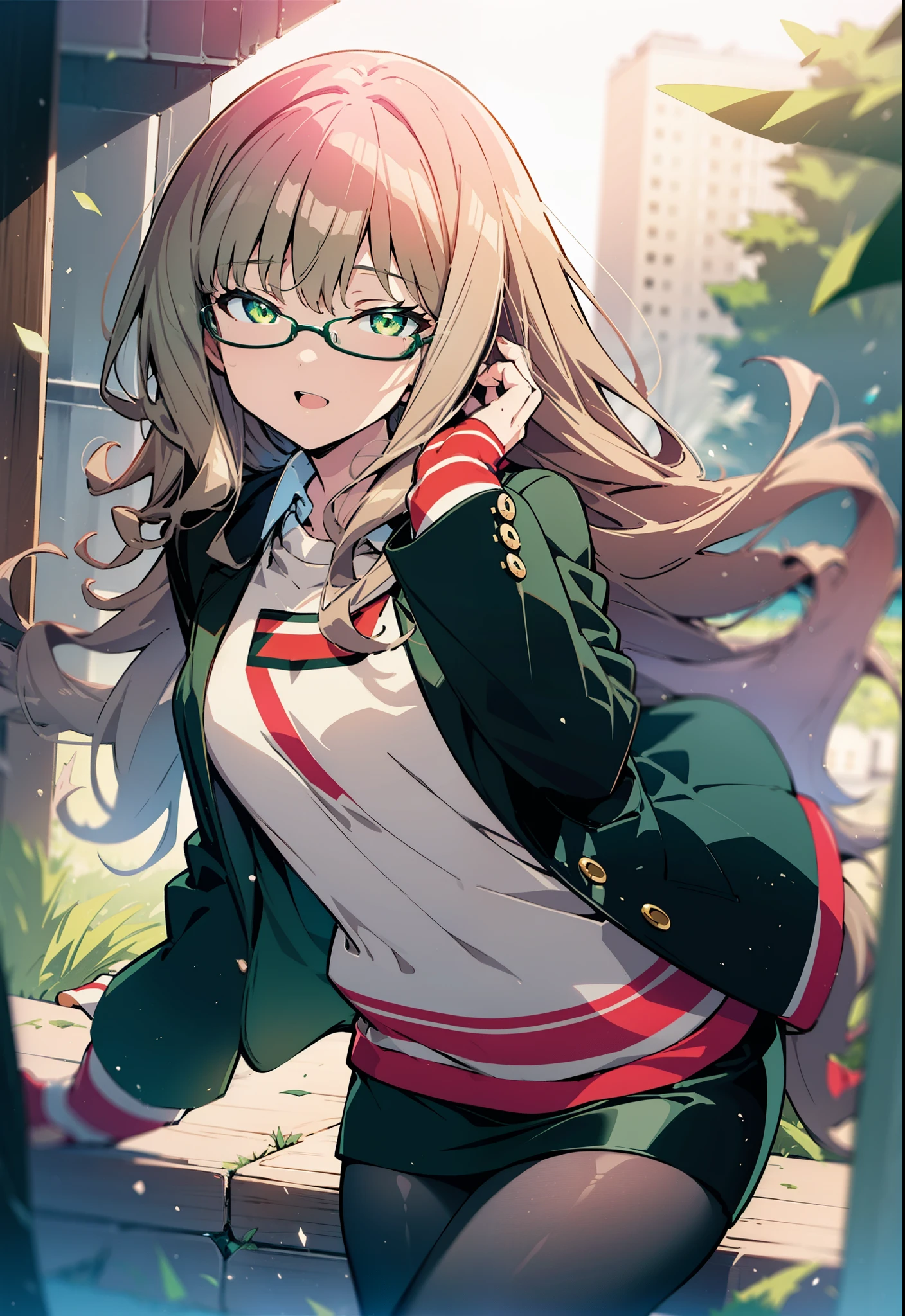minami yume ,sss Dynazenon ,Long Hair, Brown Hair, (Green Eyes:1.5) ,Mid-chest,hair band,happy smile, smile, Open your mouth,OL, Black-rimmed glasses, end, Black suit jacket, Collared jacket, White dress shirt, Collared shirt, Neckline, button,  Black pencil skirt, Black Pantyhose,Stiletto heels,morning,morning陽,The sun is rising,As if your whole body is in the illustration,
break looking at viewer, (Cowboy Shot:1. 5)
break outdoors, city,construction area,
break (masterpiece:1.2), highest quality, High resolution, unity 8k wallpaper, (shape:0.8), (Fine and beautiful eyes:1.6), Highly detailed face, Perfect lighting, Highly detailed CG, (Perfect hands, Perfect Anatomy),