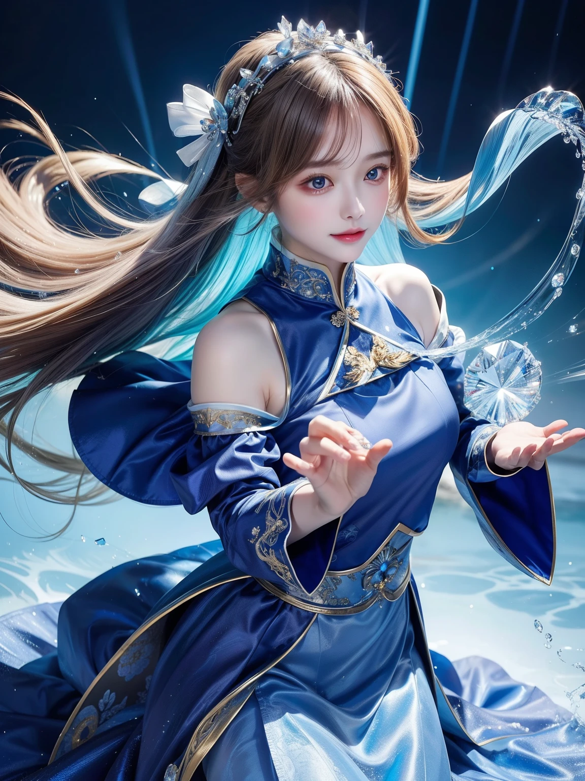 (Masterpiece, top quality, best, official art, beautiful and aesthetic: 1.2), smooth movement, charming pattern, 1 girl, (long skirt with sleeves: 1.3), blue clothes, upper body close-up, off-the-shoulder, Chinese girl, portrait, solo, upper body, gaze observer, detailed background, detailed face, (crystallineAI, crystalline theme: 1.1), elemental water sprite, rotating water, control water, sapphire clothes, dynamic pose, Floating particles, ethereal power, water, vapor, crystal in the background, blue tones, ethereal atmosphere,