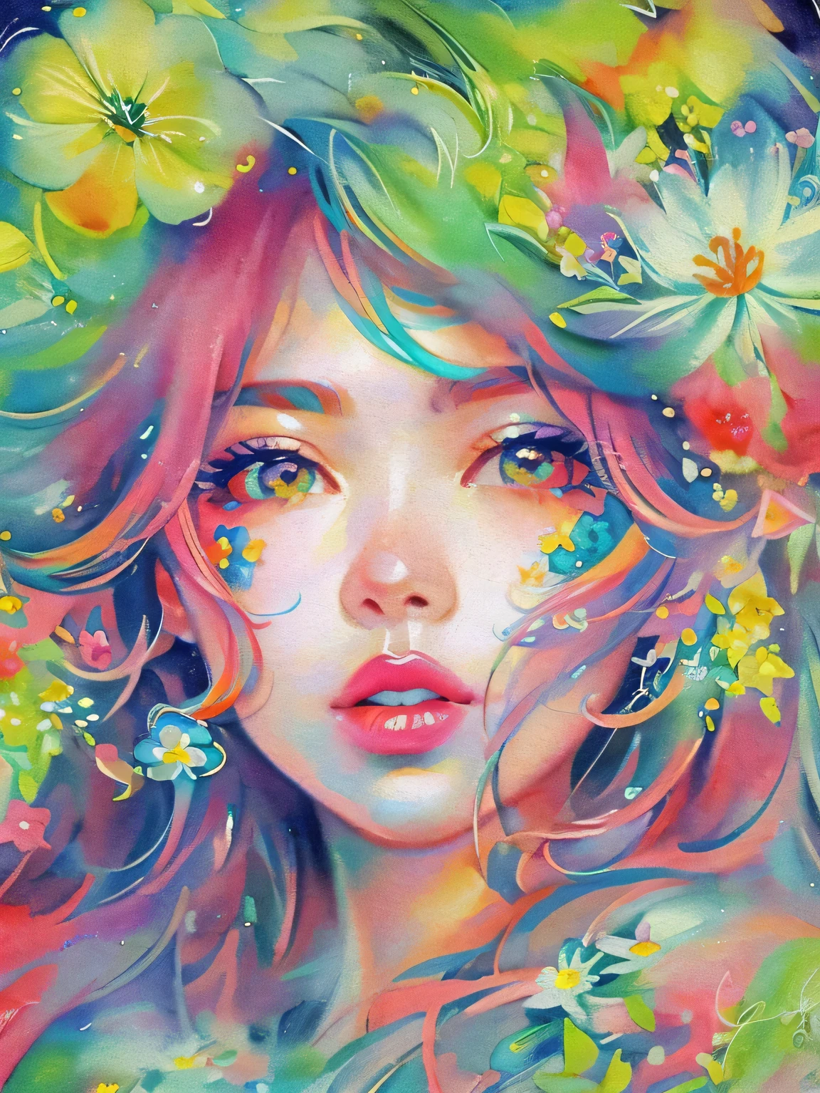 Mai Yoneyama style、(((stylish fashion))), 8K Quality、Intense watercolor, Detailed watercolor art, Watercolor splash, Surreal, avant-garde pop art, Beautiful and expressive paintings, Beautiful artwork illustration, Very colorful tones, wonderful, Cool beauty, highest quality、Official Art, Vector art, Stylish design, (((The most beautiful girl))), (((highest quality))), HDR, ((detailed)), (((Doodle Art)), ((masterpiece)), ((Super detailed)), (((Colorful flowers))),(((Stylish))), Lips in Love