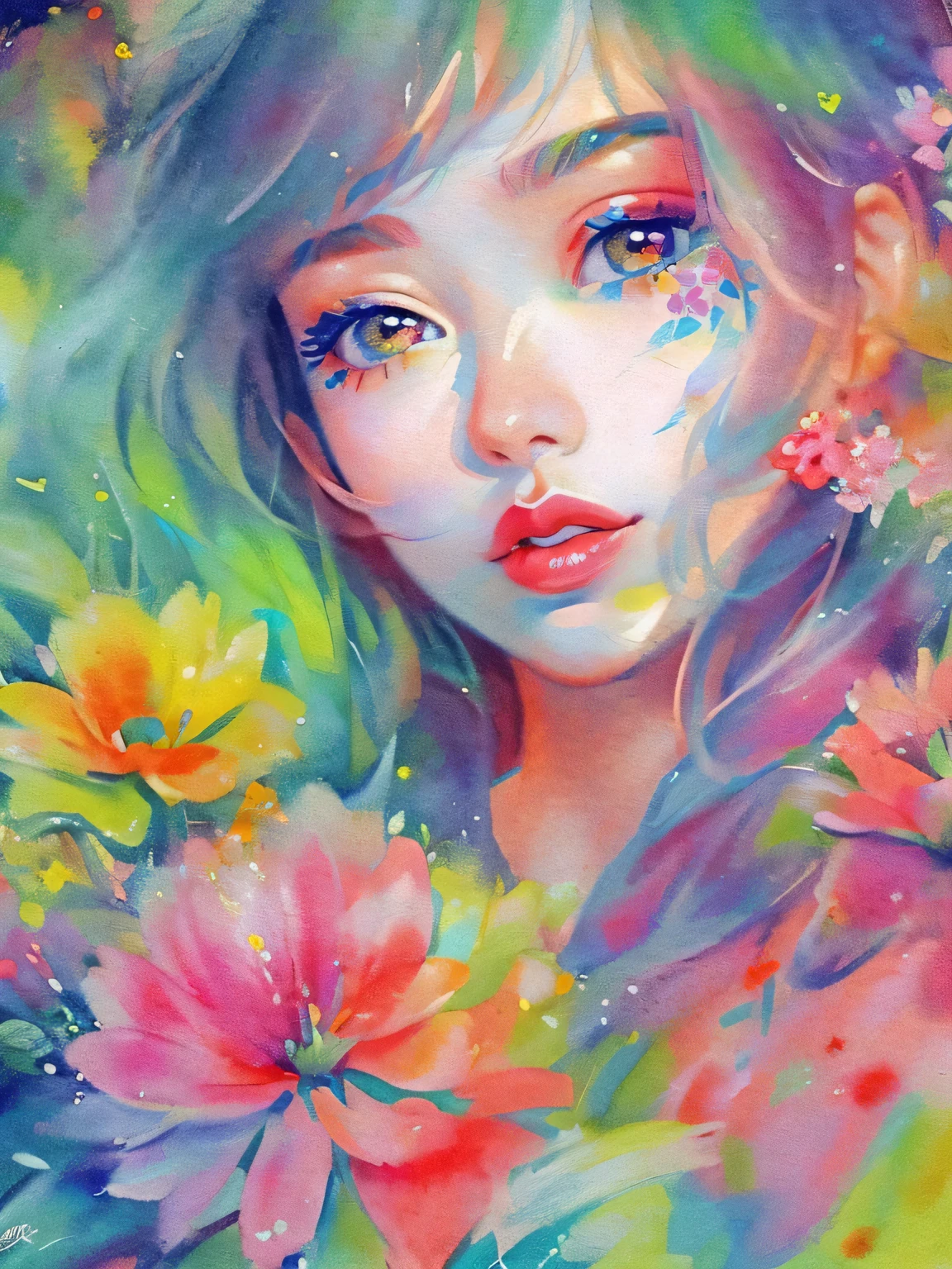 Mai Yoneyama style、(((stylish fashion))), 8K Quality、Intense watercolor, Detailed watercolor art, Watercolor splash, Surreal, avant-garde pop art, Beautiful and expressive paintings, Beautiful artwork illustration, Very colorful tones, wonderful, Cool beauty, highest quality、Official Art, Vector art, Stylish design, (((The most beautiful girl))), (((highest quality))), HDR, ((detailed)), (((Doodle Art)), ((masterpiece)), ((Super detailed)), (((Colorful flowers))),(((Stylish))), Lips in Love