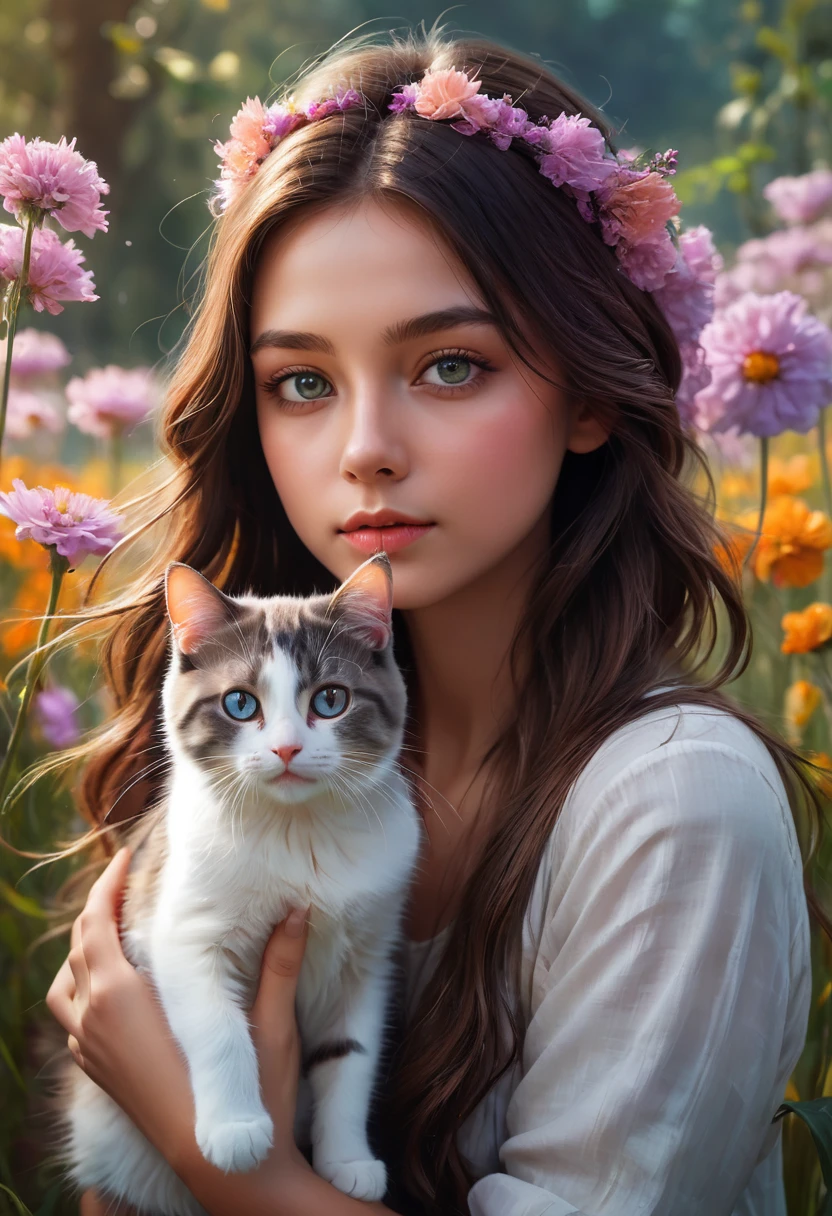 a small kitten with light pink fur and a furry tail wearing a tiara of golden flowers amidst cherry blossoms, lookig at camera, with a sexy look, wet lips