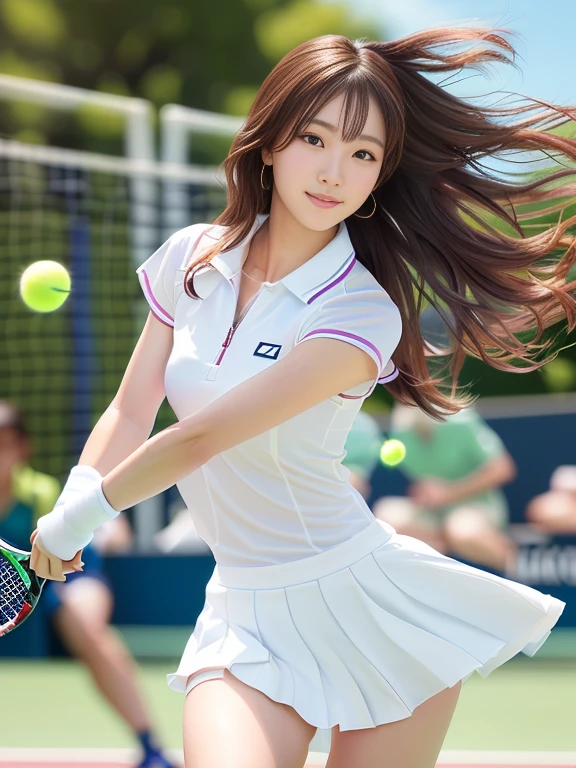 Photo-realistic quality、White tennis wearを着た女性がラケットでテニスボールを打っている, White tennis wear, A girl playing tennis, Smooth white tight tennis wear,  Japanese Idol, Japanese model playing tennis、Detailed and beautiful eyes、A soft and gentle look、looking at the camera、Cute Smile