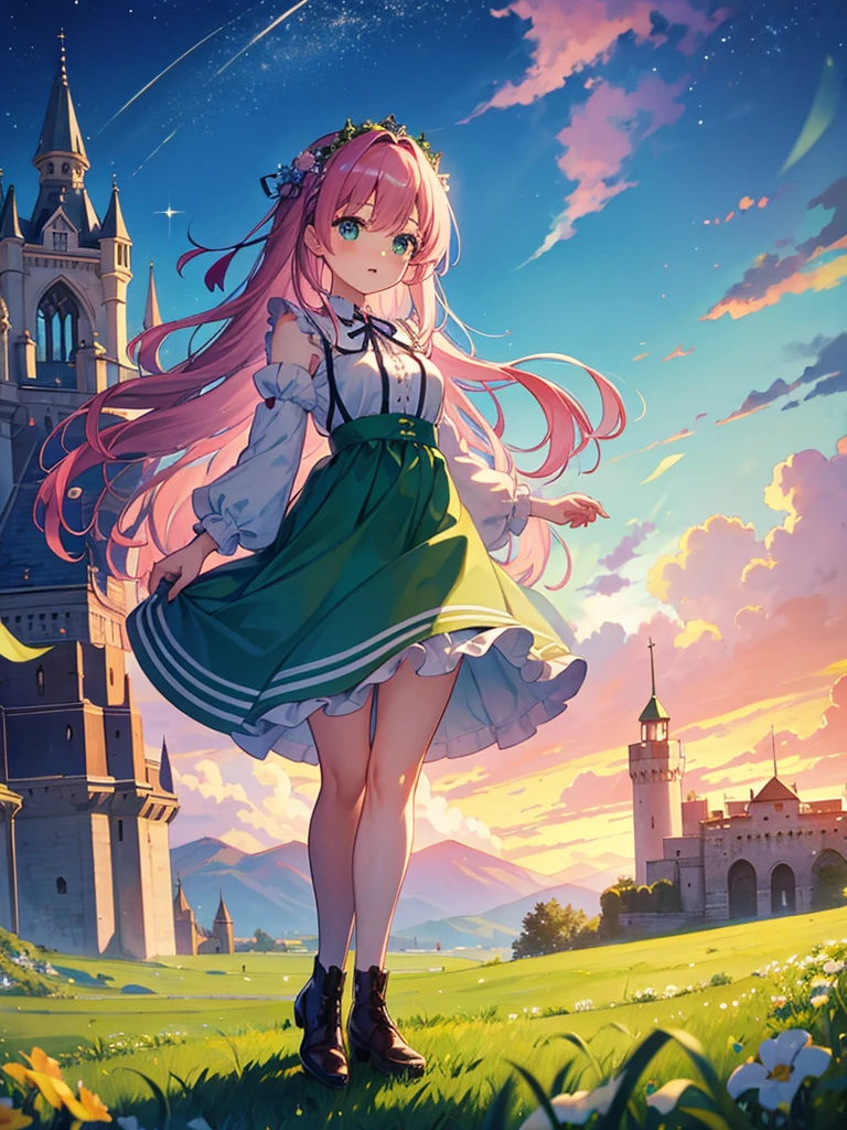 highest quality、Masterpiece、Grassland with a view of the castle、Starry Sky、（One girl）、One girl、Pink Hair、long hair、Half Up、Green Dress 、Mini skirt length
