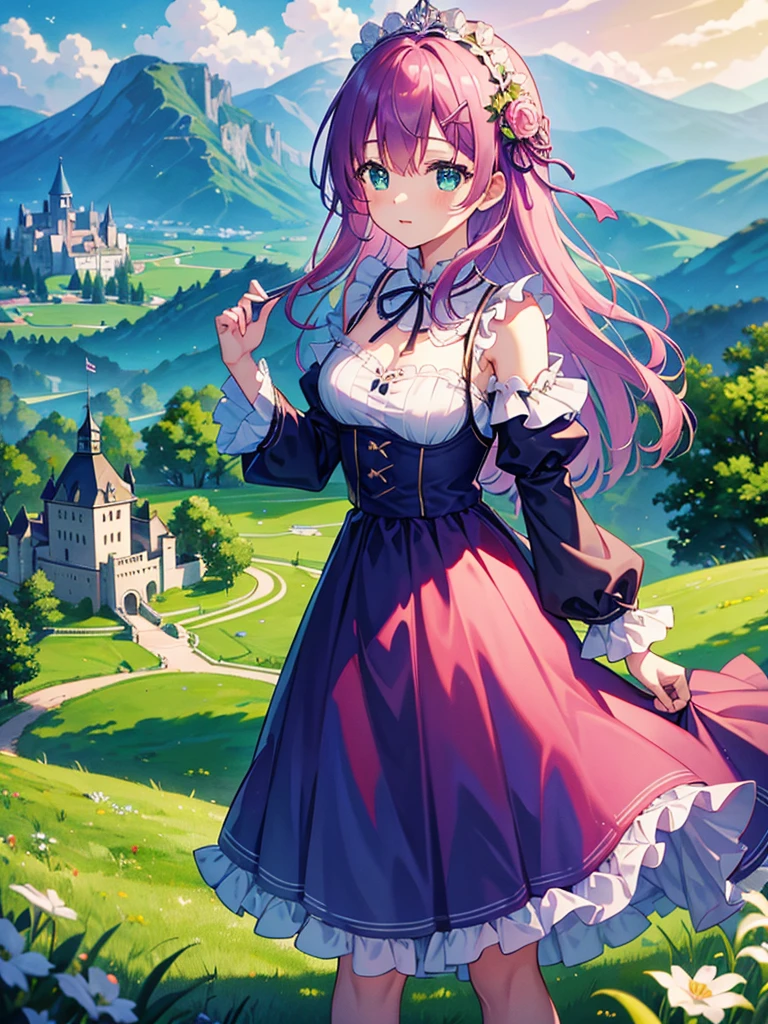 highest quality、Masterpiece、Grassland with a view of the castle、Starry Sky、(One girl)、One girl、Pink Hair、long hair、Half Up、Green Dress 、Mini skirt length