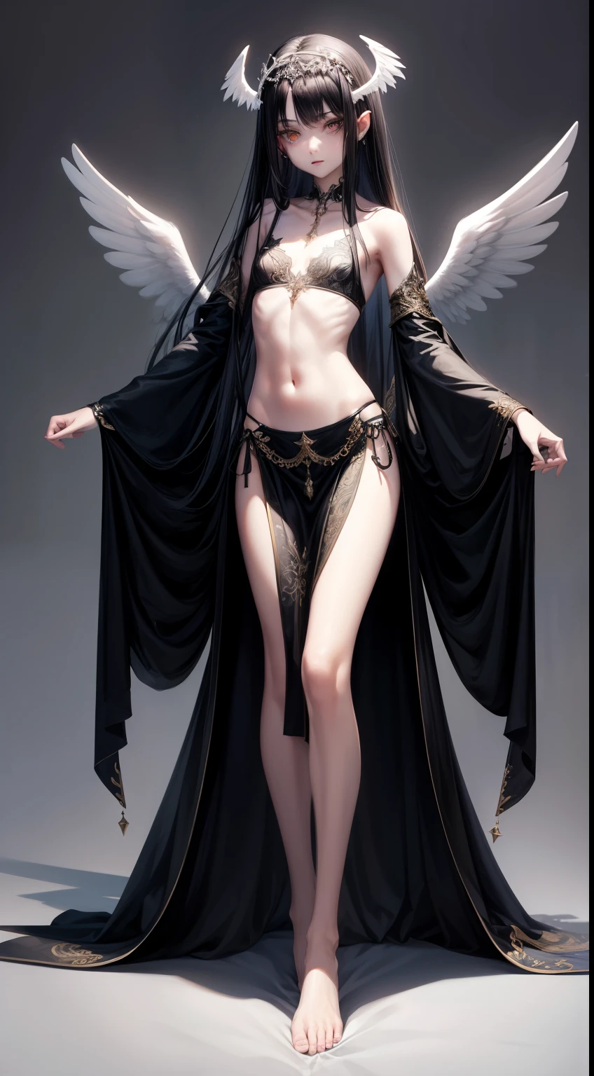 ((best quality)), ((masterpiece)), (detailed), perfect face, Character design, female, long black hair, wearing a black angelic dress with silver details, white eyes, small frame, very skinny, detailed, best quality, no accesoires around the neck, no shoes, prominent collarbones, skinny arms, flat stomach, visible hip bones, full body, fangs, pale skin, angelic, small waist