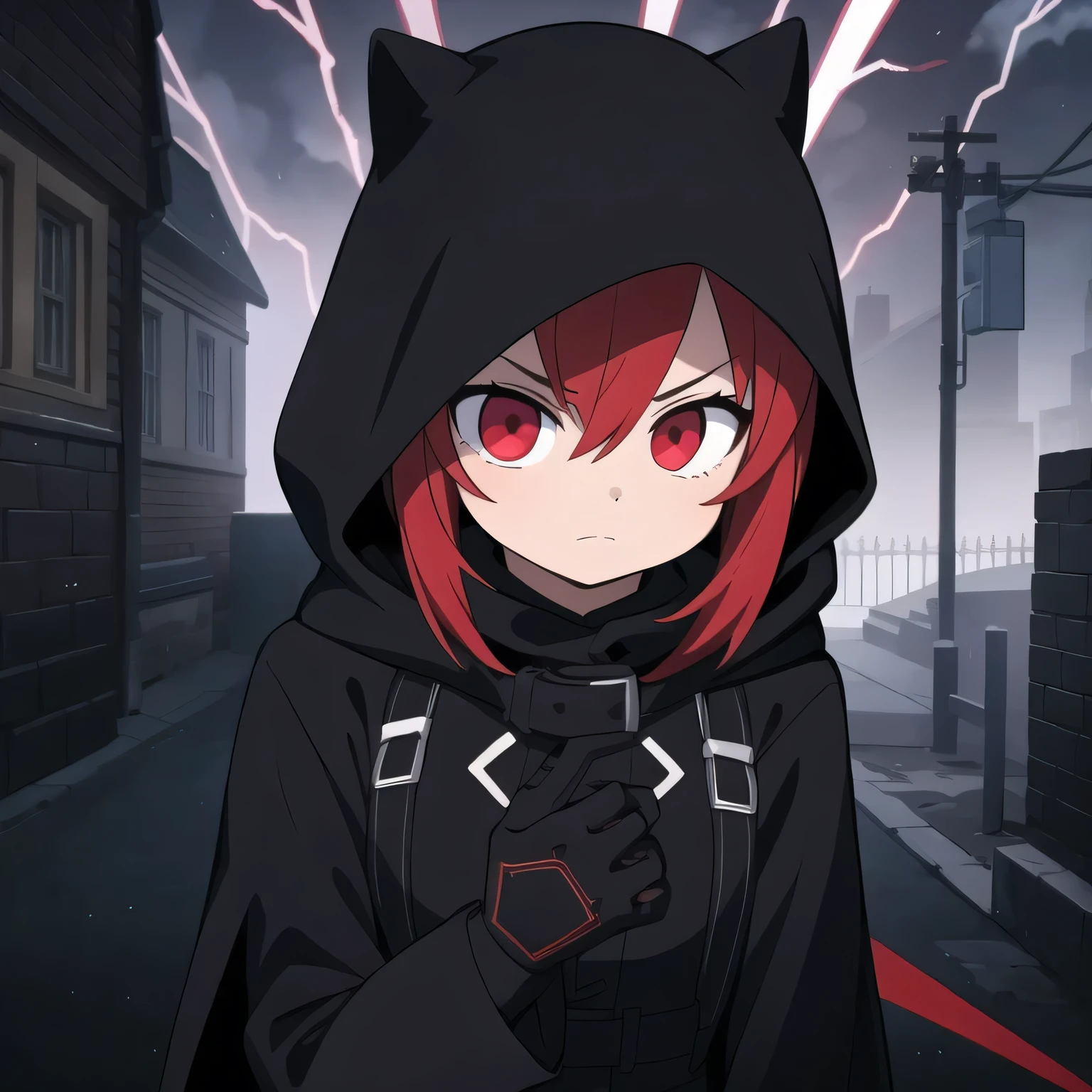 Best quality, realistic, a girl with red hair and detailed eyes and face, lightning bolts around, red glowing eyes, wearing a black dress, with a black overcoat, and a person with a black hood over their head. The scene depicts a huntress inspired by the style of Van Helsing. The background is a dark, mysterious setting with dimly lit streets and fog. The colors are rich and vibrant, with a dark and moody color palette. The lighting is dramatic, casting long shadows and highlighting the girl's determined expression. The overall image should have a cinematic and thrilling atmosphere, capturing the essence of a fierce and skilled huntress in action.