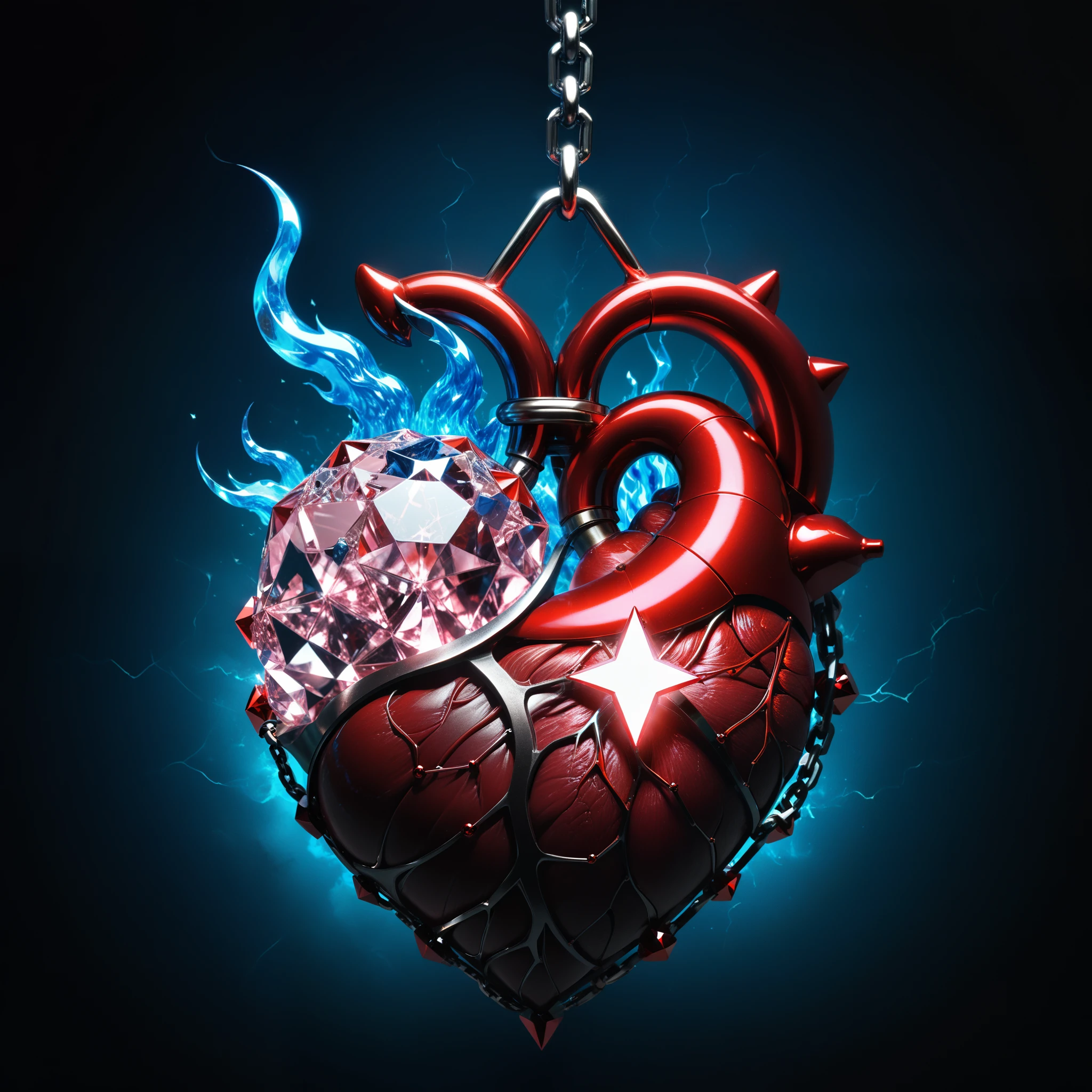 in style of John Bauer,(in style of by Liu Ye:0.9),
conceptual design of the transparent glass human heart (organ),(a glowing glass heart (organ) entangle in a metal chain and lightning bolt:1.3),(hard ultra-polyhedra polygonal heart \(organ\) sculpturecloseup:1.4),(Rose Quartz:1.3),(blue fire draws lines:1.6),(Chemiluminescence:1.2),
(the red crescent moon background:1.6),sharp,sharp image,(insanely detailed and intricate, hypermaximalist, elegant, ornate, hyper realistic, super detailed:1.1),extremely detailed,Amazing resolution,8k,Ray Tracing,masterpiece,Particle Effects,Beautiful Effects,
BREAK
(darkness:1.4),(extreme shadows:1.4),(Best Shadow:1.4),dark atmosphere,