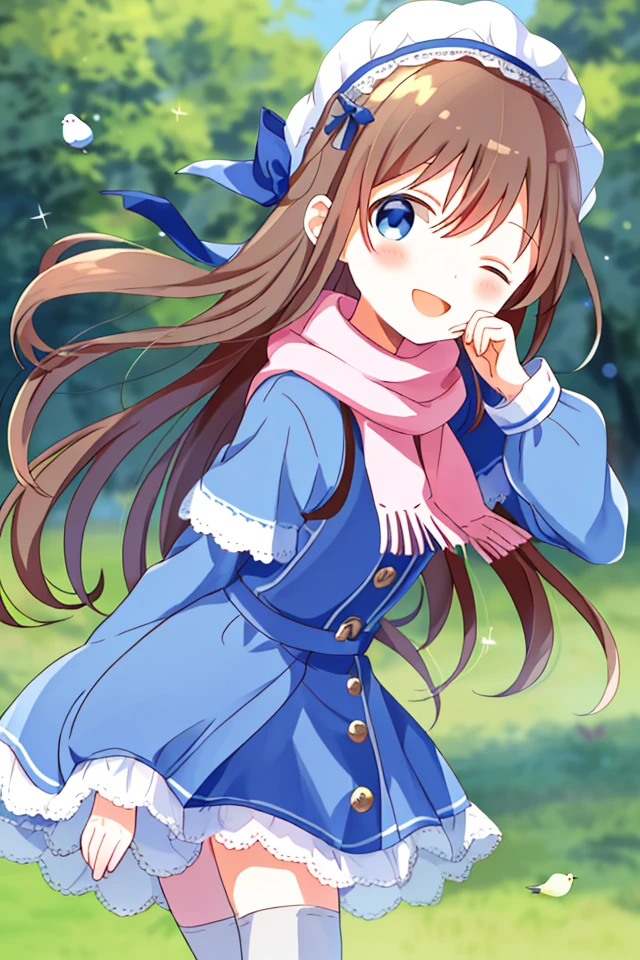 masterpiece, highest quality, masterpiece,Eyelet, One girl,  Brown Hair, blue eyes, Laughing, Close one eye, blush stickers, Have, Mouth closed, boots, White Stockings, bow, bangs, blush, bird, scarf, Blue headdress, Pink bow, Black Shadow, White Pantyhose, alone, Blue clothes, Blue footwear,  Blue T-shirt, Put your hand on your cheek, Hair between the eyes, Shift dress, Star hair ornament，Nature background